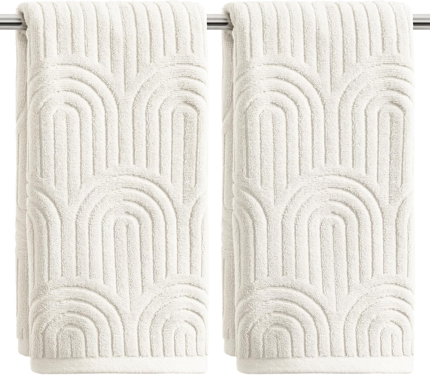 Artoid Mode 2 Pcs White 3D Arched Stripes Jacquard Hand Towels for Bathroom, 100% Cotton Soft Absorbent Bathroom Decor Towels, 13.7 x 29.5 Inch
