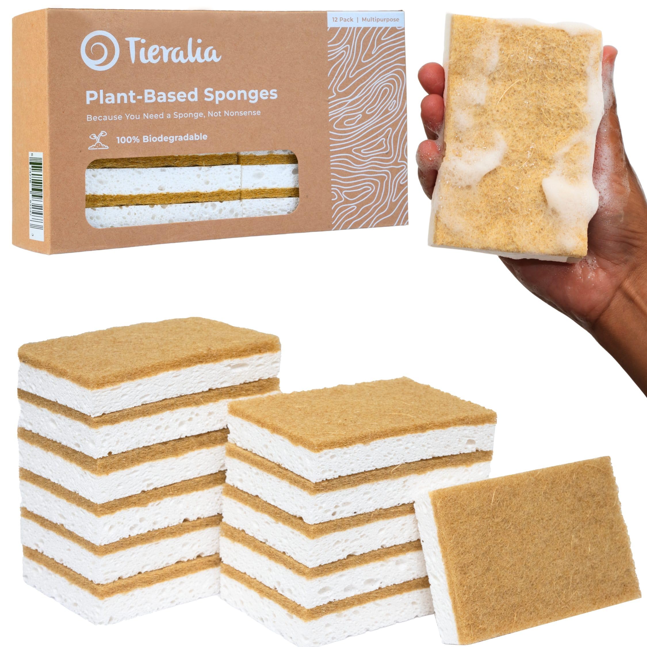 Tieralia Natural Dish Sponge Set – 12-Pack Eco-Friendly & Compostable Scrubbers | Cellulose & Sisal | Non-Toxic, Odor-Free, Reusable Kitchen Sponges