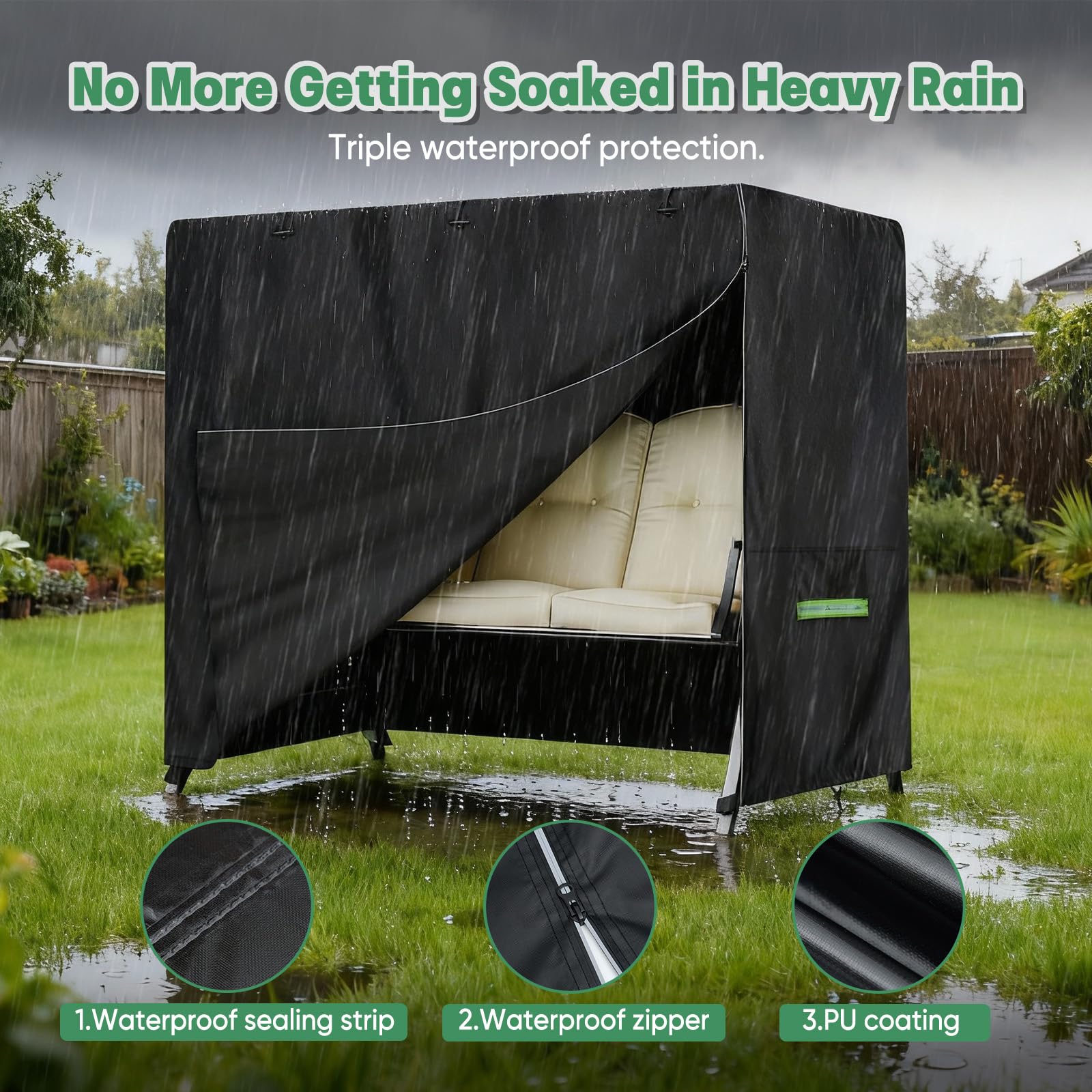 NEVERLAND Housse Balancelle 3 Places - Imperméable 600D Oxford Housse de Protection pour Balancelle de Jardin avec Fermeture Éclair, Anti-UV, Coupe-Vent, 220x150x150cm, Noir