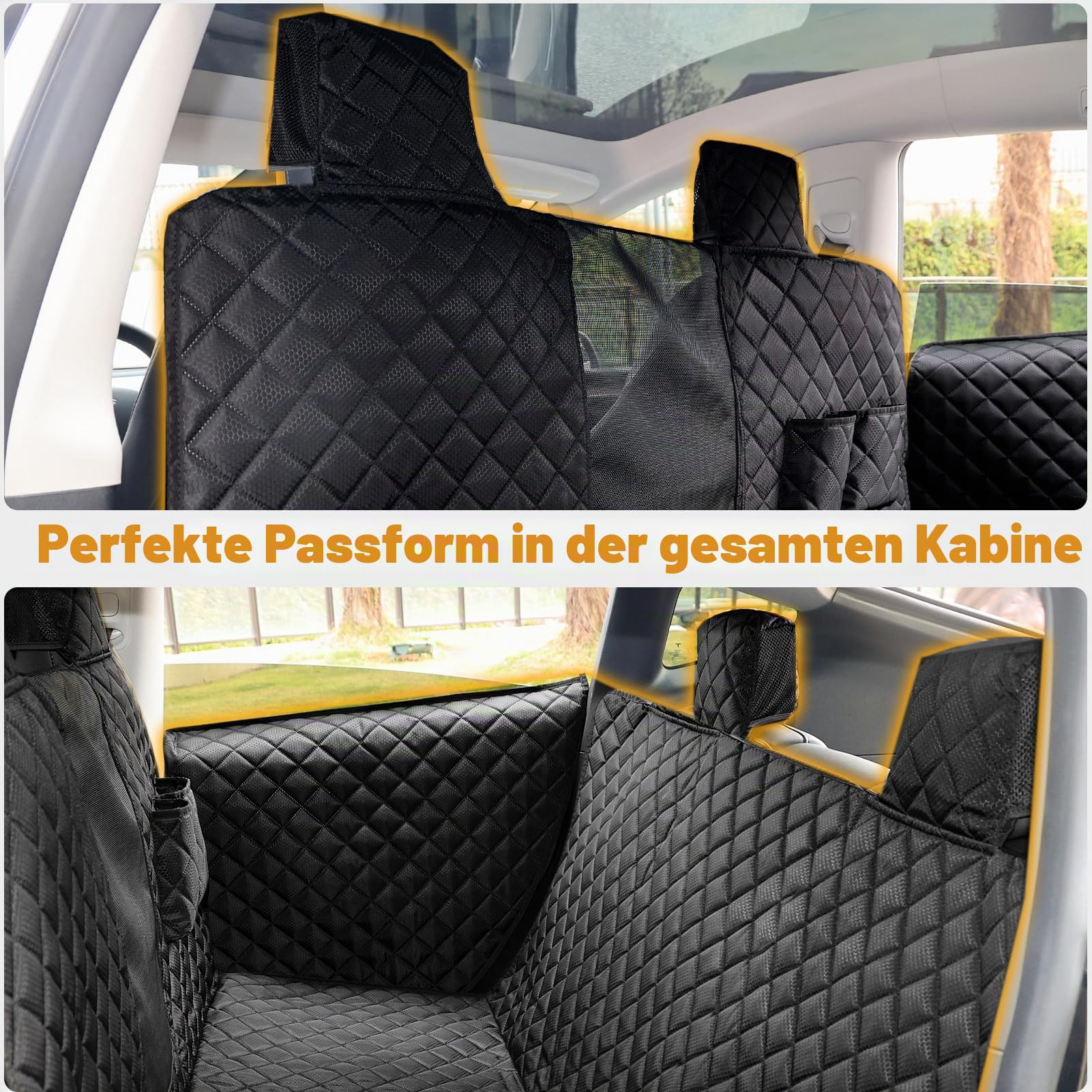 PETICON Hundesitzbezüge für Tesla Model 3 & Y Rücksitz mit 2 Pack Türschoner, 100% wasserdichte Hundehängematte für Tesla mit Netzfenster & Kopfstützenschutz verhindert Kratzer und Schrammen