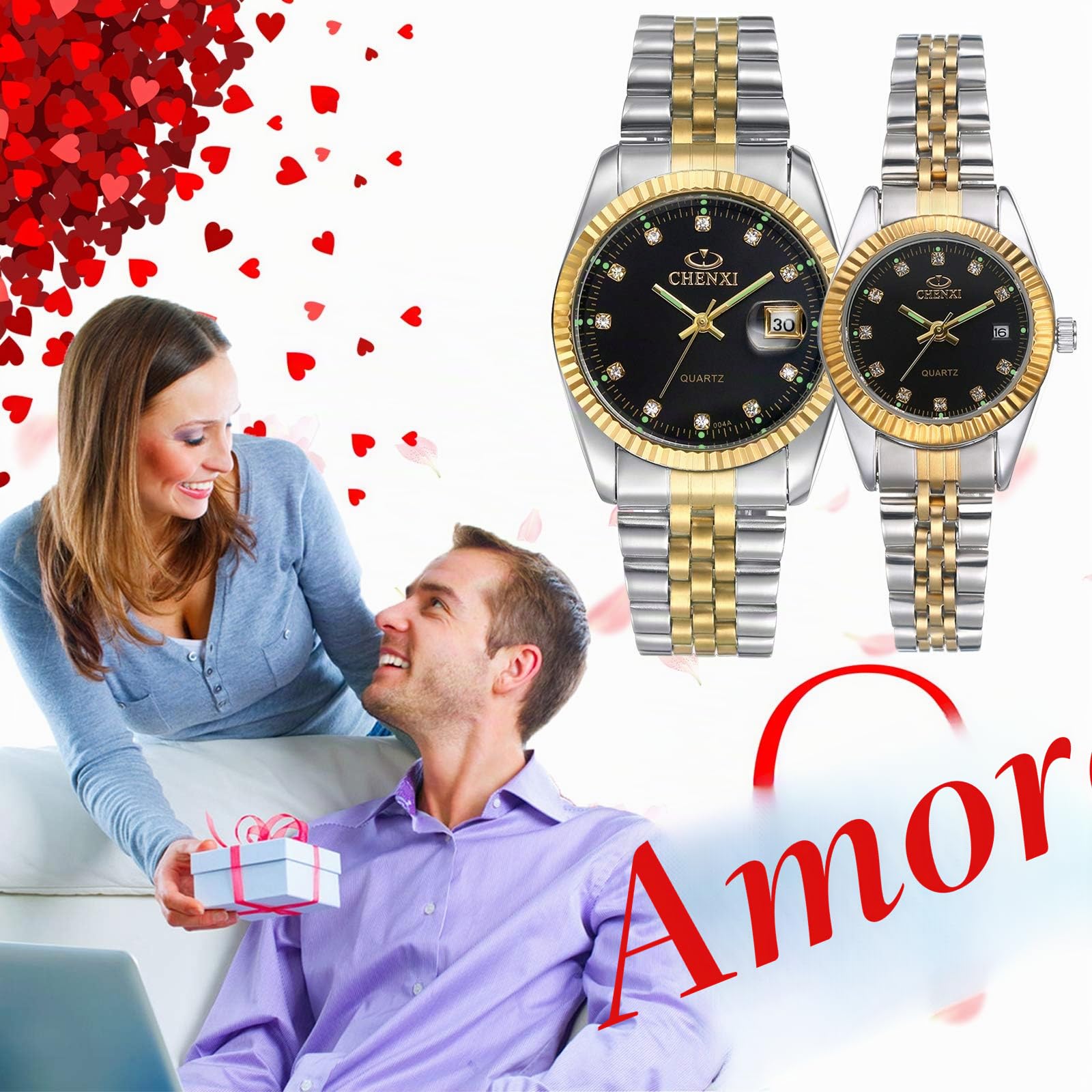 JewelryWe Coppia di orologi al quarzo analogici, con calendario impermeabile fino a 30 m, cinturino in acciaio inox, per uomo e donna, con quadrante con strass