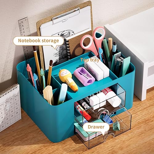 Miniatura 2 de Marbrasse Organizador de bolígrafos con 2 cajones, soporte multifuncional para escritorio, organizadores de escritorio y accesorios con 5