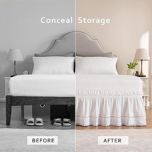 Miniatura 3 de MIYE Falda de cama de encaje envolvente con volantes volantes elásticos contra el polvo con cinturones ajustables caída de 15 pulgadas fácil de