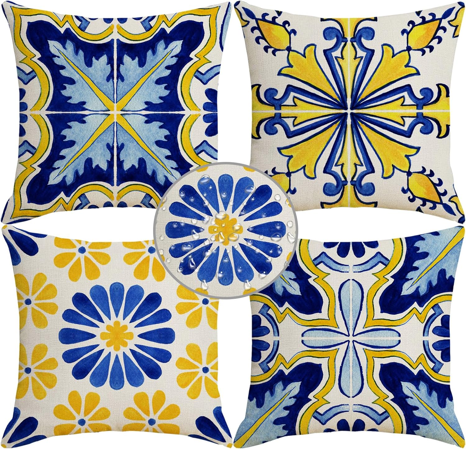 HOSTECCO Yellow and Blue Waterproof Throw Pillow Covers 18x18 inch Set of 4 Outdoor Bohemian Spanish Pillow Cases Watercolor Decorative Cushion Covers for Patio Garden