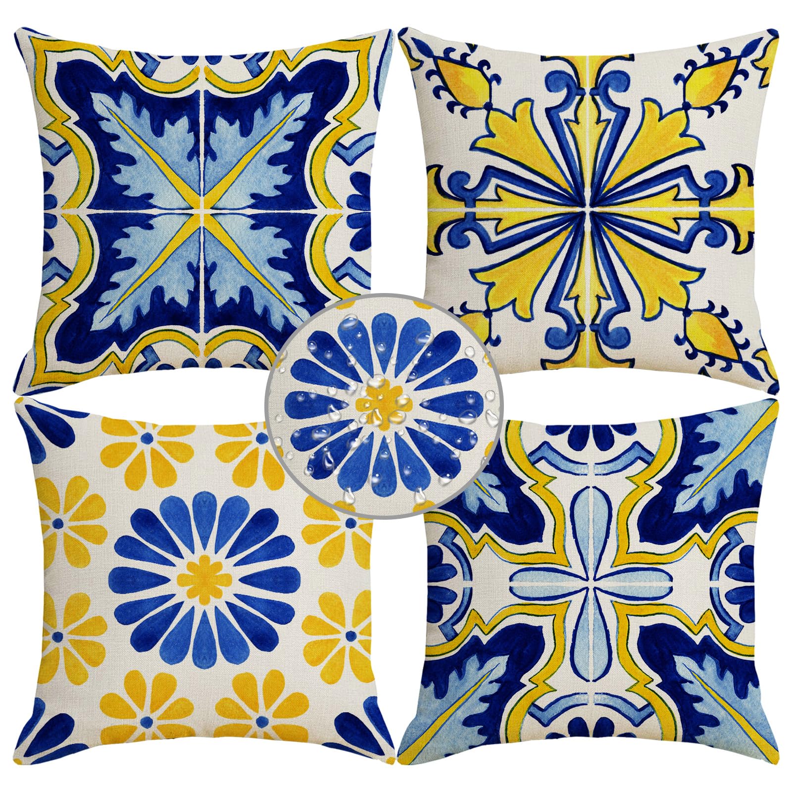 HOSTECCO Yellow and Blue Waterproof Cushion Covers 45x45 cm Set of 4 Boho Spanish Cushion Cases Watercolor Floral Decorative Pillow Covers for Patio Garden — image 1