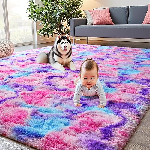 JUNOVO - Alfombras suaves de arcoíris para habitación de niñas, alfombras coloridas y esponjosas para el suelo, alfombra de juego lanuda para niños,