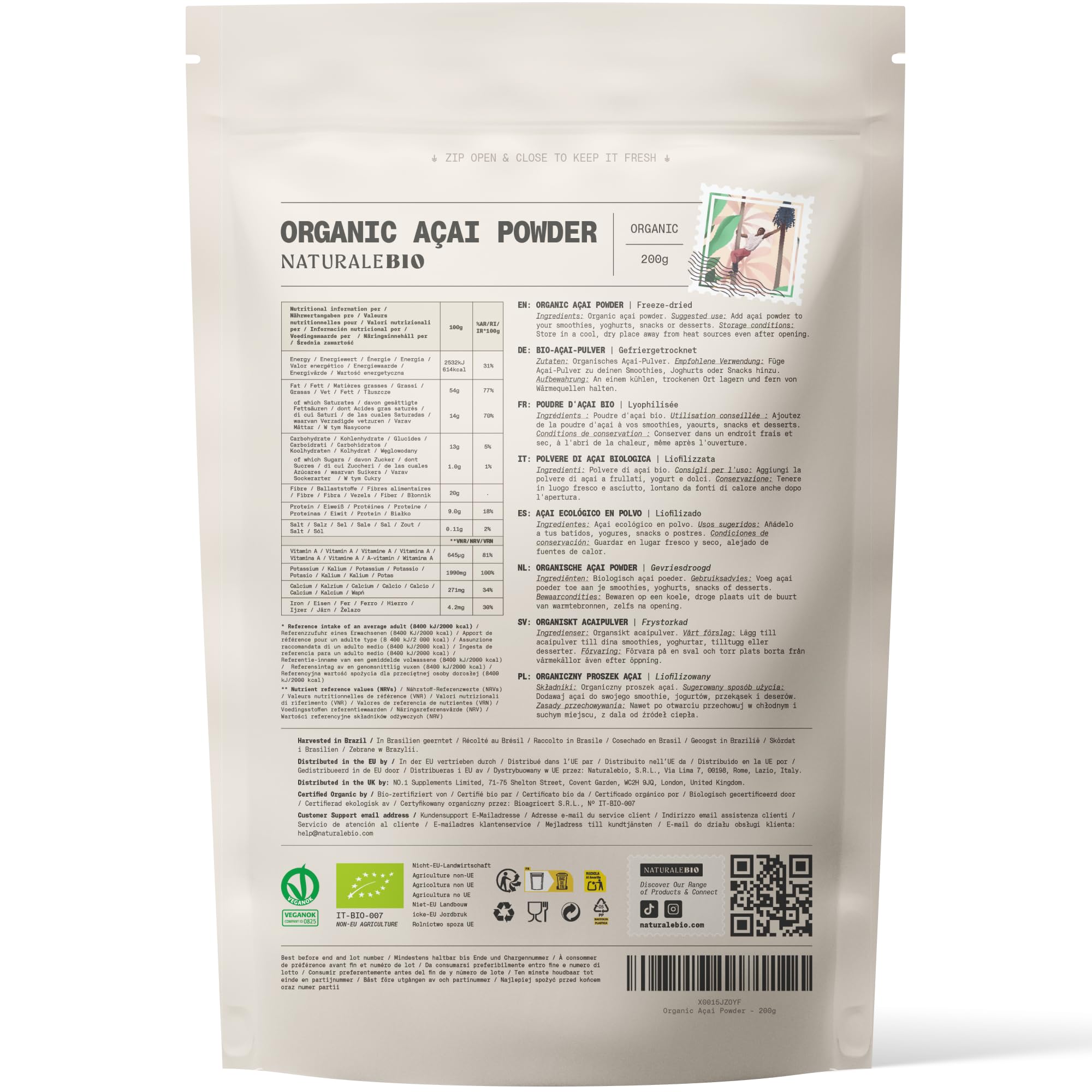 NaturaleBio Poudre de Baies d’Acai Bio - Freeze-Dried - 200g. Pure Organic Acai Berry Powder. Produit au Brésil, Lyophilisé, Cru, extrait de la pulpe de Baie d'Açai – Smoothies, Jus, Desserts
