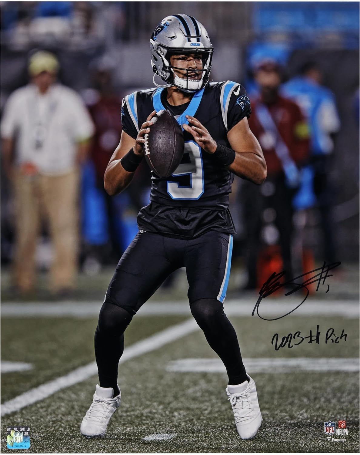 Bryce Young Carolina Panthers Autographed 16" x 20" Vertical Passing in Jersey Photograph with "2023#1 Pick" Inscription - Autographed NFL Photos