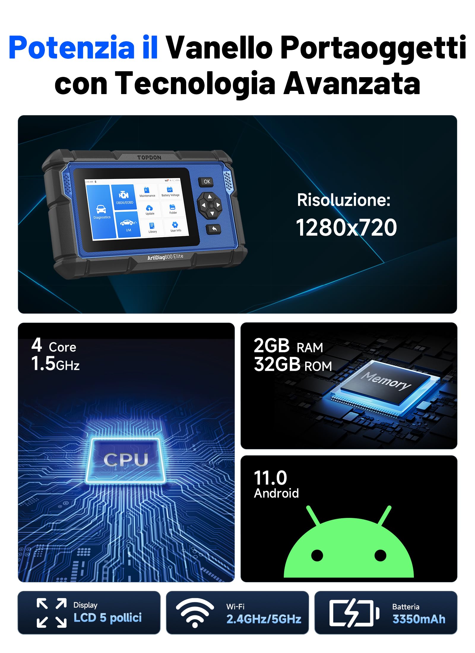 TOPDON ArtiDiag600 Elite OBD2 Auto Diagnostica Italiano, Sistema Completo, 13 Servizi di Reset, Diagnostica Auto con CAN-FD, FCA/SGW, 2 Anni di Aggiornamenti Gratuiti