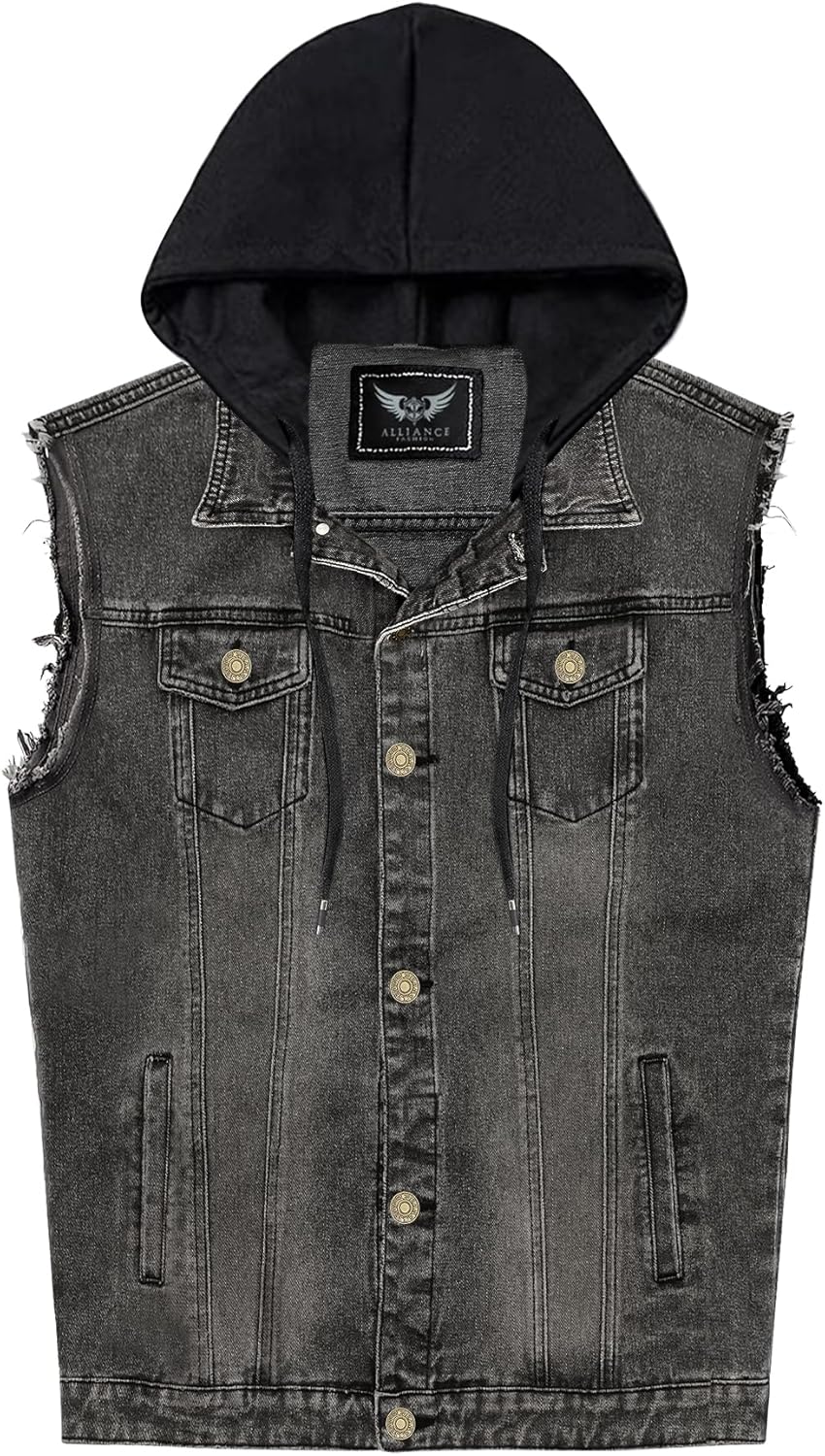 Men's Denim Vest Casual Button Stretchy Distressed Jean Sleeveless Jacket with Hood