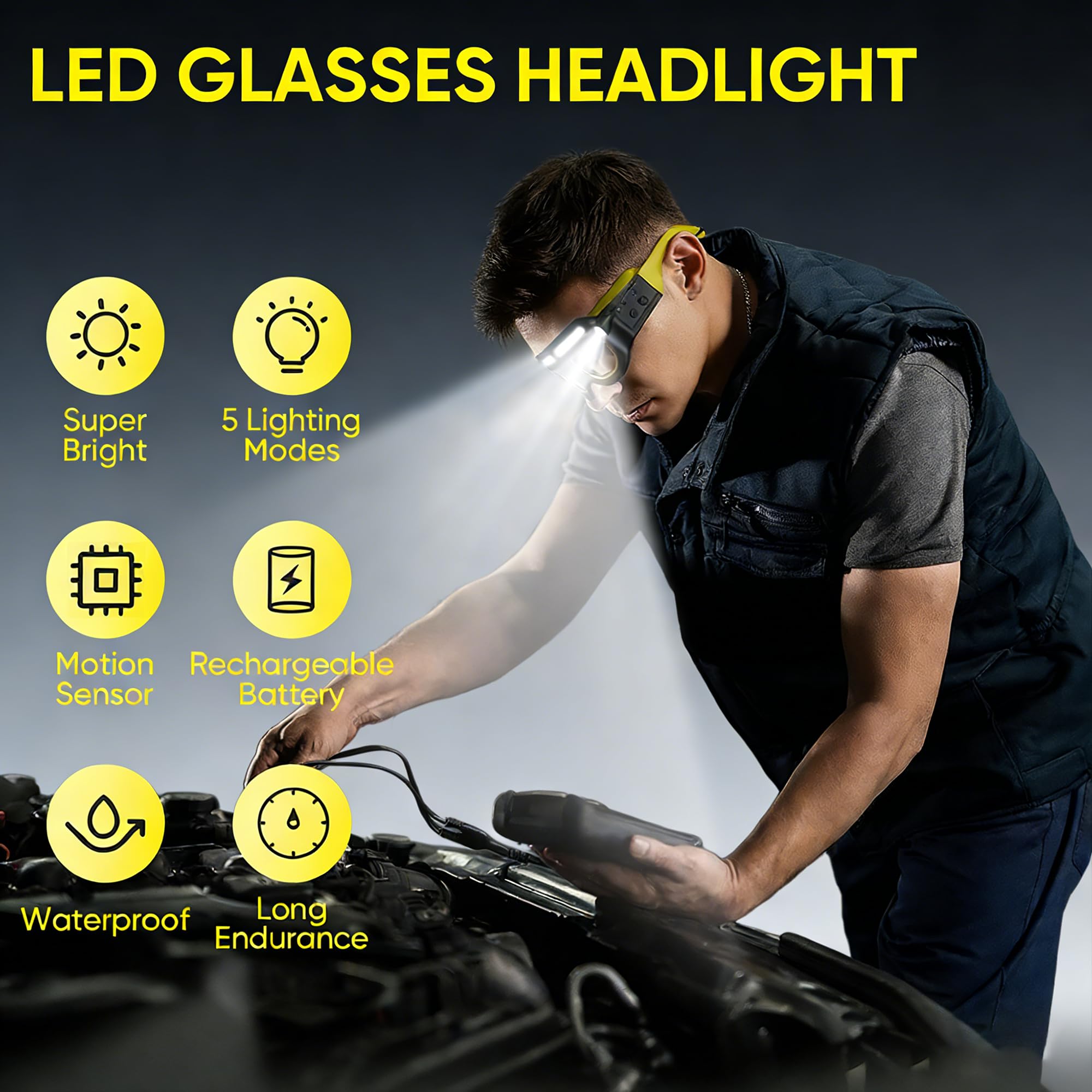 LED Wiederaufladbare Scheinwerferbrille mit Bewegungsmelder & Touch-Steuerung, Schutzbrille mit Lichtern 5 Modi USB C Leuchtende Brille für Outdoor Laufen Camping Wandern Arbeit (Gelb-1)