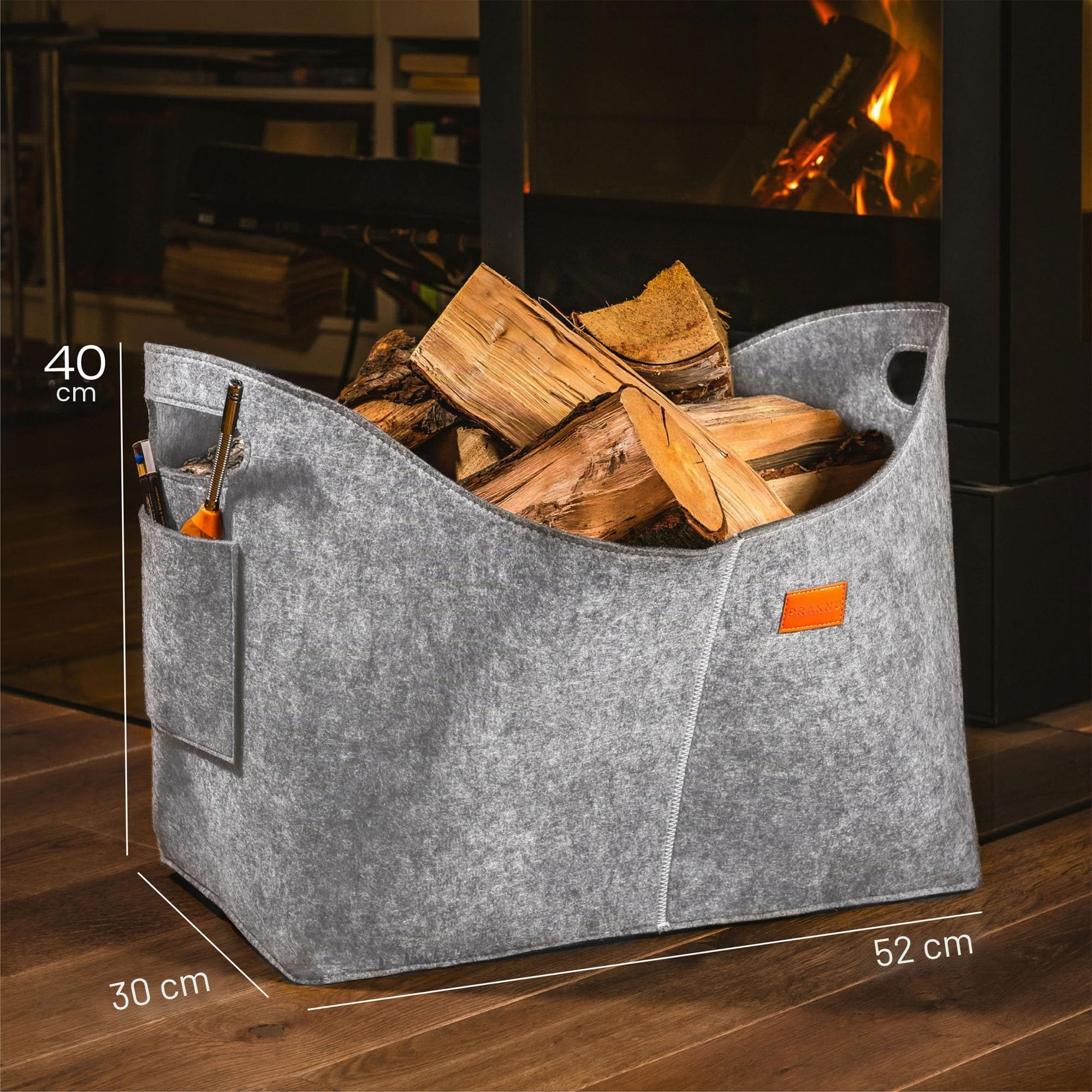 Praknu Cesto para Leña Interior - Grande - De Fieltro Reciclado - Con Asas de Transporte - Bolsa de Fieltro para Almacenar Leña de Chimenea y Más - Gris