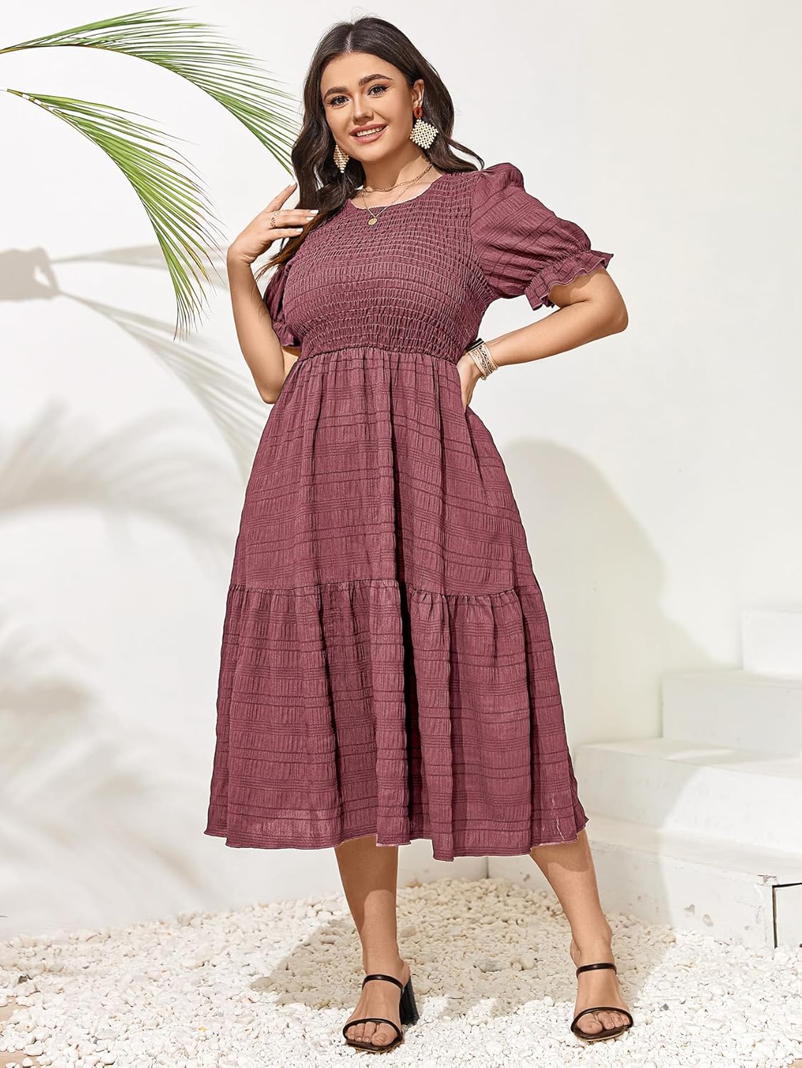 SCOMCHIC Womens Plus Size Summer Dresses 2025 Casual Puff Short Sleeve Crewneck Smocked Flowy Ruffle Boho Party Maxi Dress - Image 6