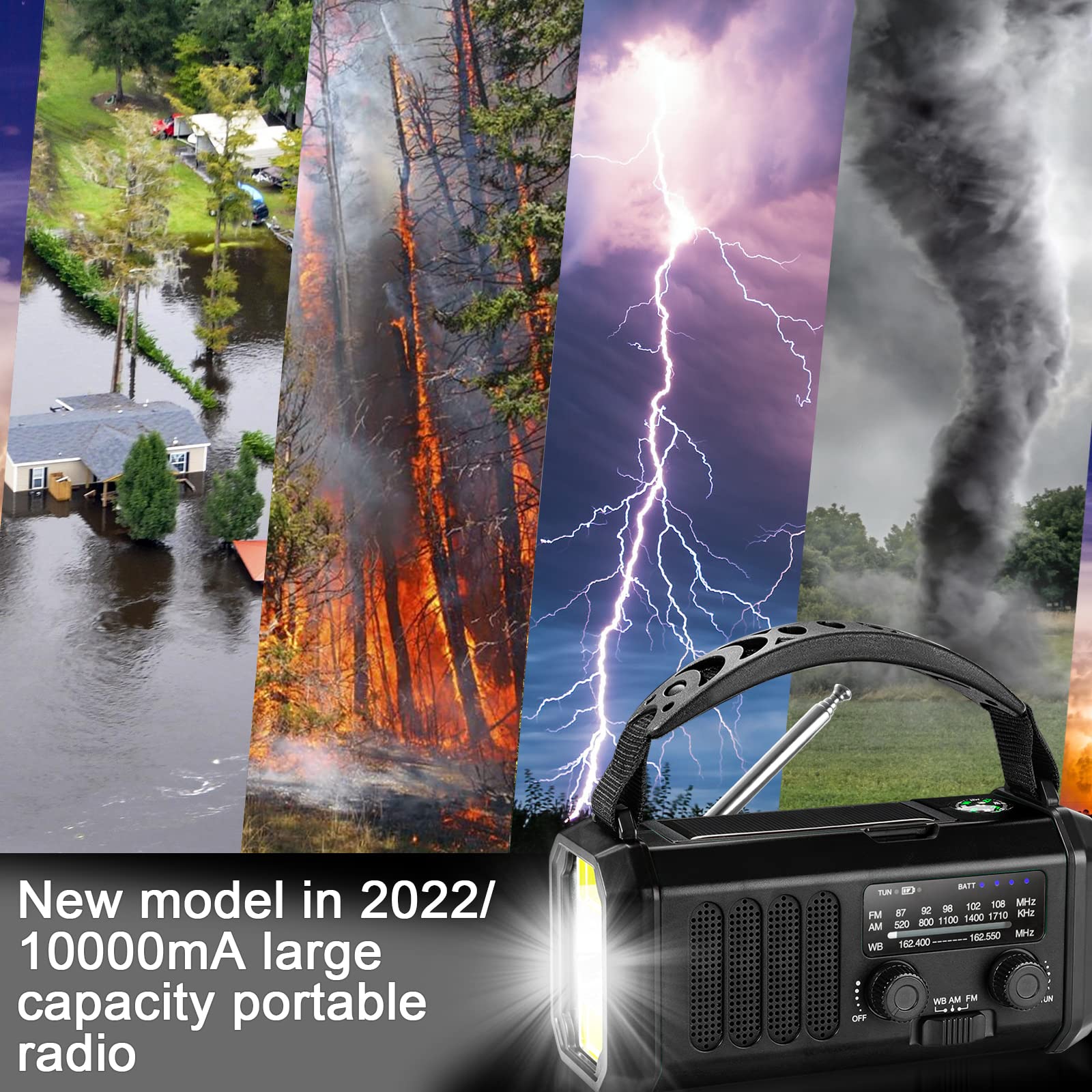 Awaryjne radio pogodowe 10 000 mAh, przenośne radio survivalowe FM/AM/NOAA zasilane bateryjnie i power bank, ładowarka solarna/korba/typ C, latarka, lampka do czytania, kompas,