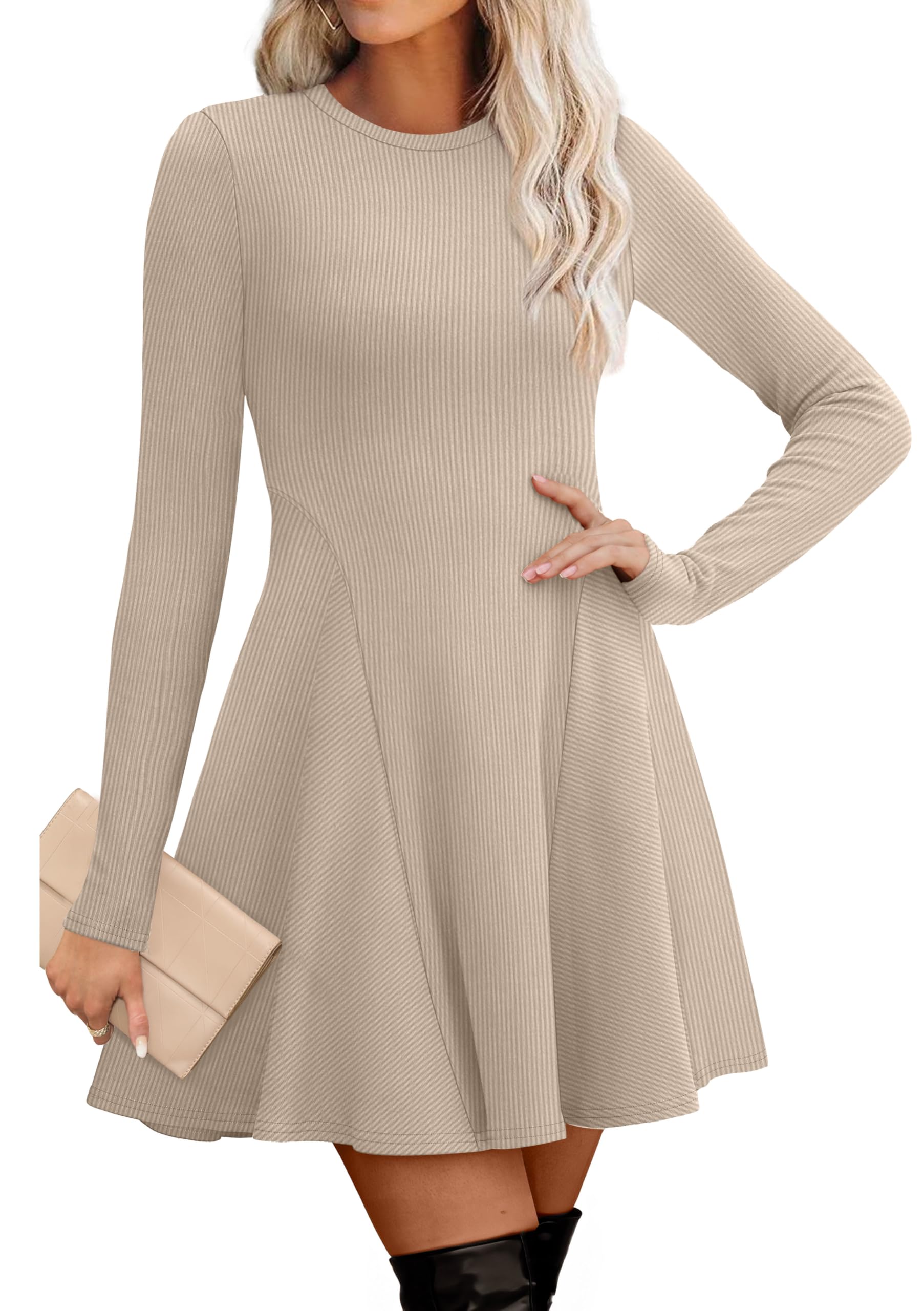 OFEEFAN Ribbed Fit and Flare Dress