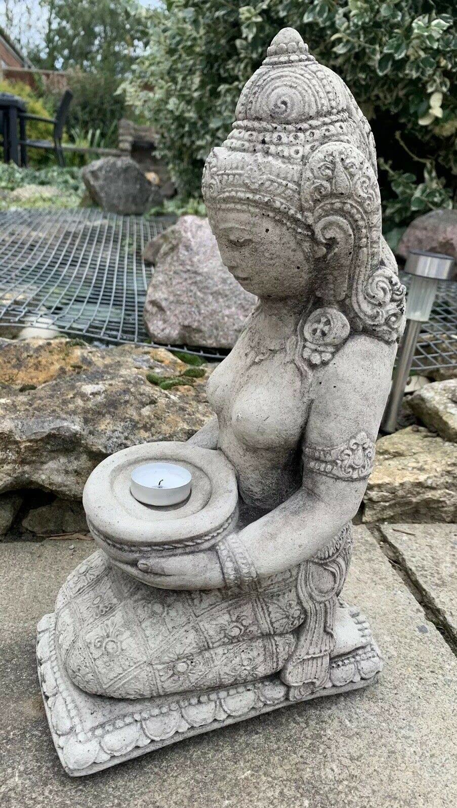 STONE GARDEN PRAYING GEISHA BUDDHA GIRL CANDLE HOLDER STATUE ORNAMENT