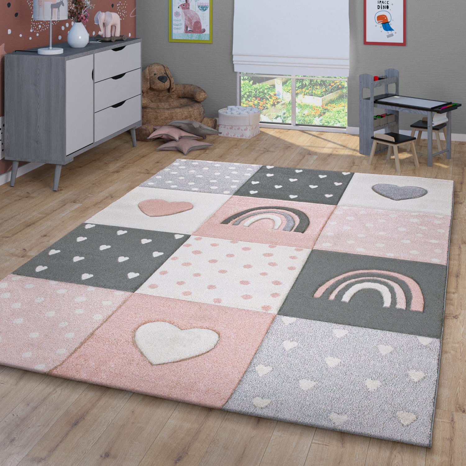 TT Home Regenbogen Punkte Kinderzimmer Teppich für Kinder Kurzflor Pastell