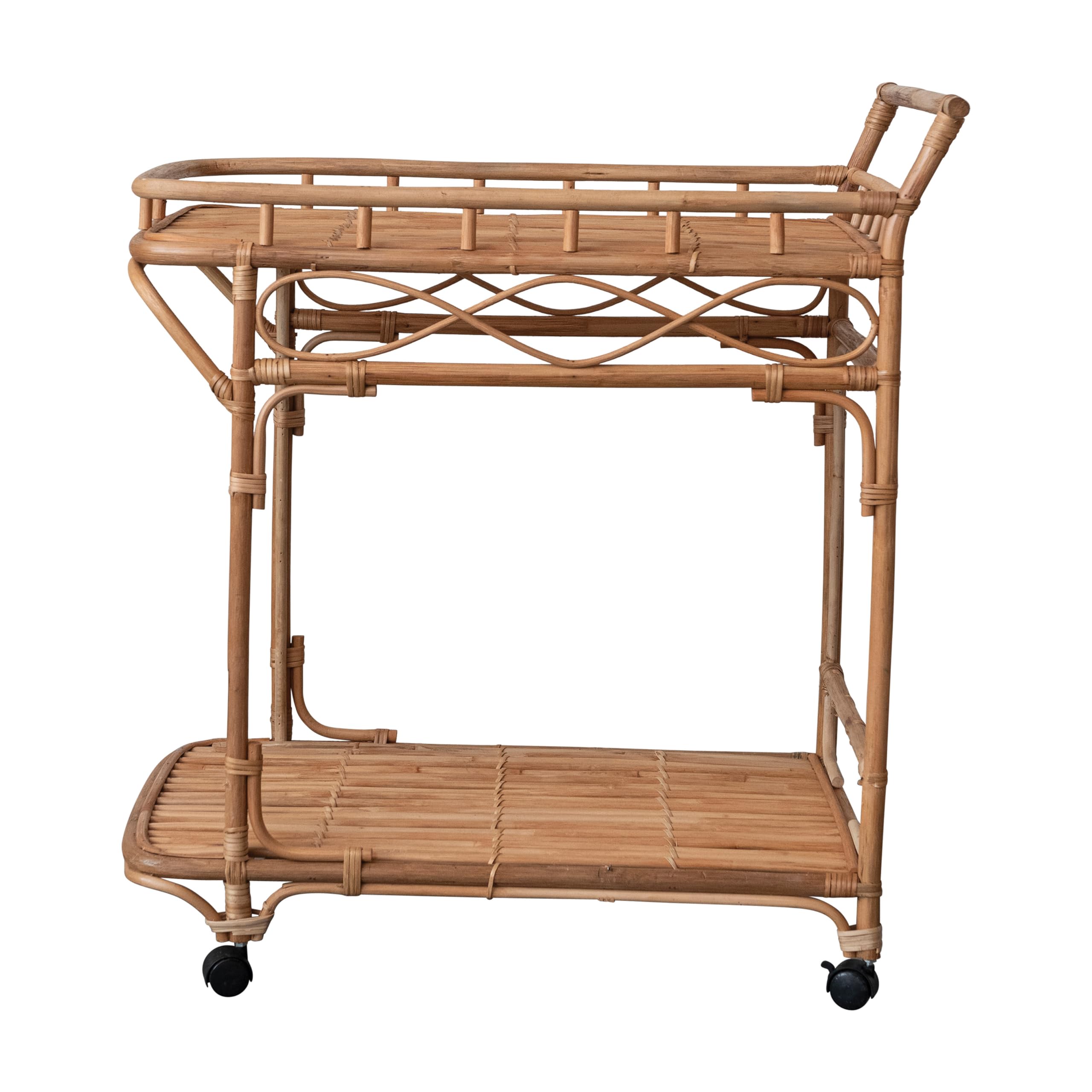 Creative Co-Op Hand-Woven Rattan 2-Tier Bar Cart on Wheels, Natural