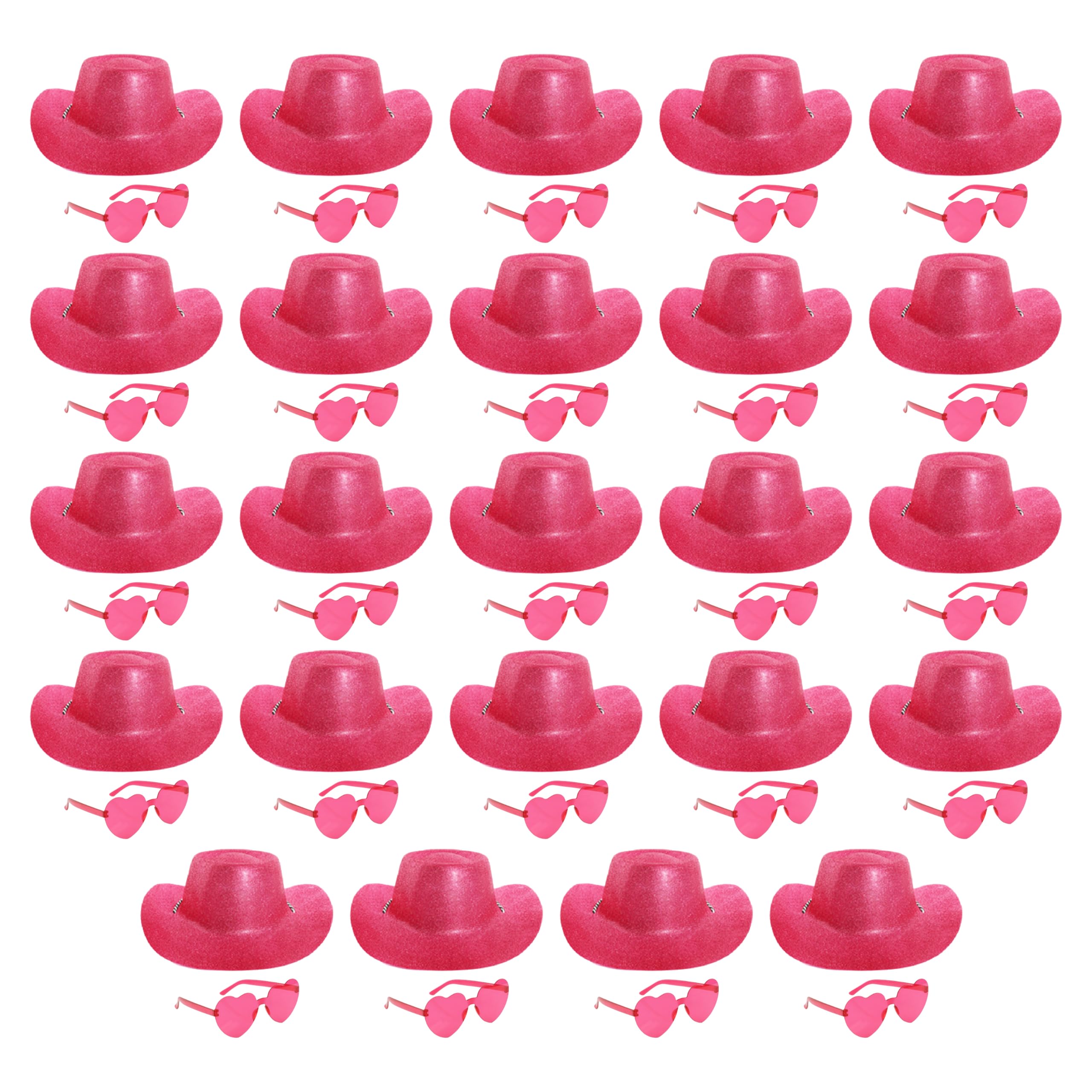 Glitter Cowboy Hat & Glasses Accessory Set - Pack of 24 - Pink Glitter Cowboy Hat and Pink Heart-Shaped Glasses - Adults Music Concert Fancy Dress Costume Accessory