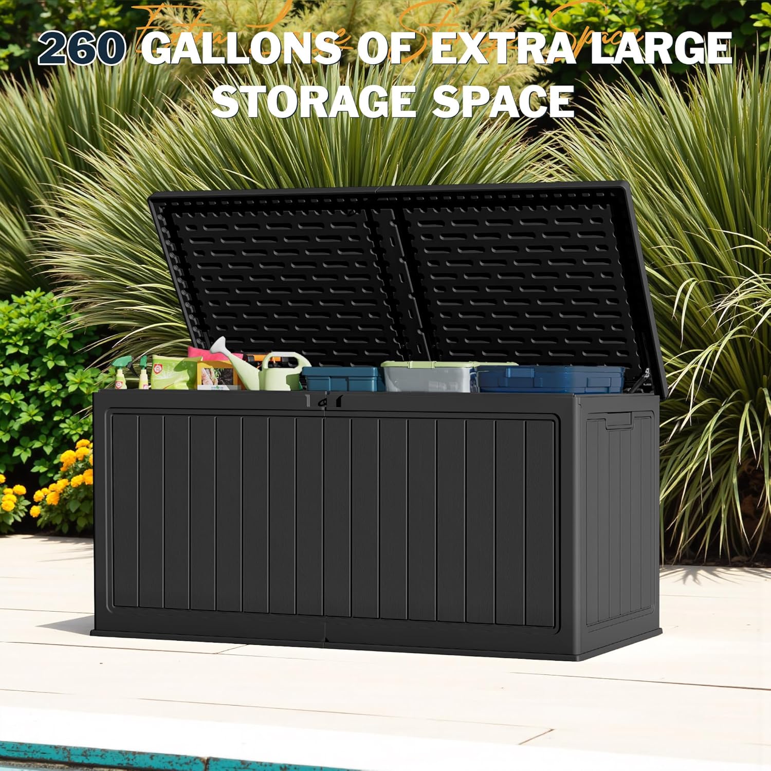 Greesum 260 Gallon HDPE Outdoor Storage Box - Waterproof, Large Capacity Deck Box with Removable Dividers for Patio, Yard, Garden Tools, Black