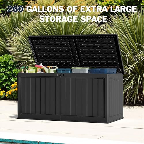 Vista 68 de Greesum Caja de cubierta de resina de 100 galones, gran almacenamiento al aire libre, textura de tejido de ratán de imitación para muebles de patio