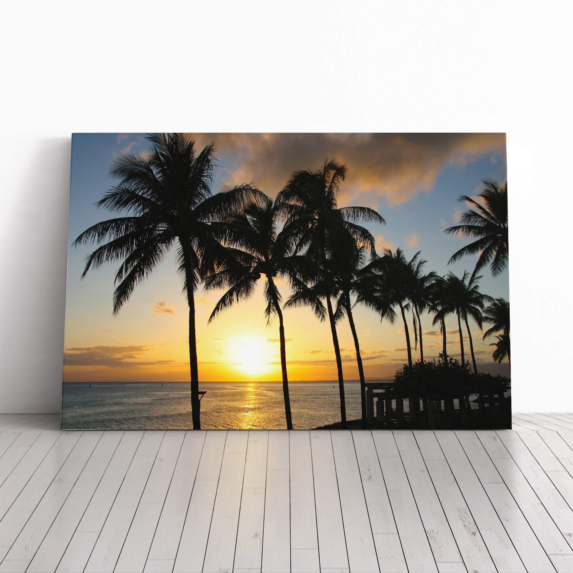 Seascape Hawaii Sunset Palm Trees Canvas Print | Gallery Wrapped 30mm Frame Wall Art | 30x20 inches | Ready to Hang | Modern Floral Picture | Living Room Bedroom Lounge Office