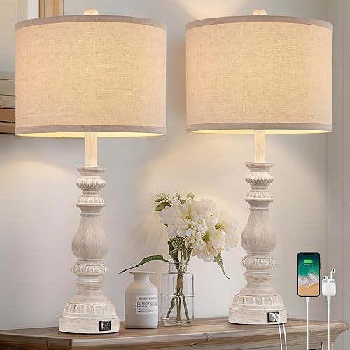 Juego de 2 lámparas de mesa de granja de 28.5 pulgadas de alto para sala de estar, lámparas de noche rústicas con USB C + A, lámpara tradicional