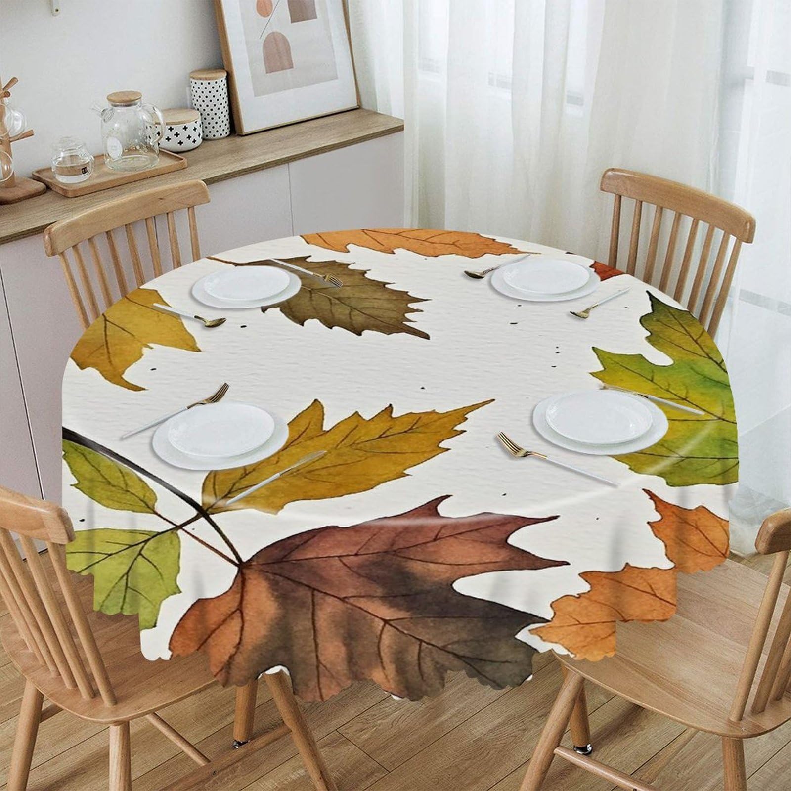 LZQPOEAS Watercolor Autumn Leaves Round Tablecloth Rustic Circle Table Cloth Wrinkle Resistant Decor Tablecloth Waterproof Washable Table Cover for Kitchen Party Dining Table 60 Inch