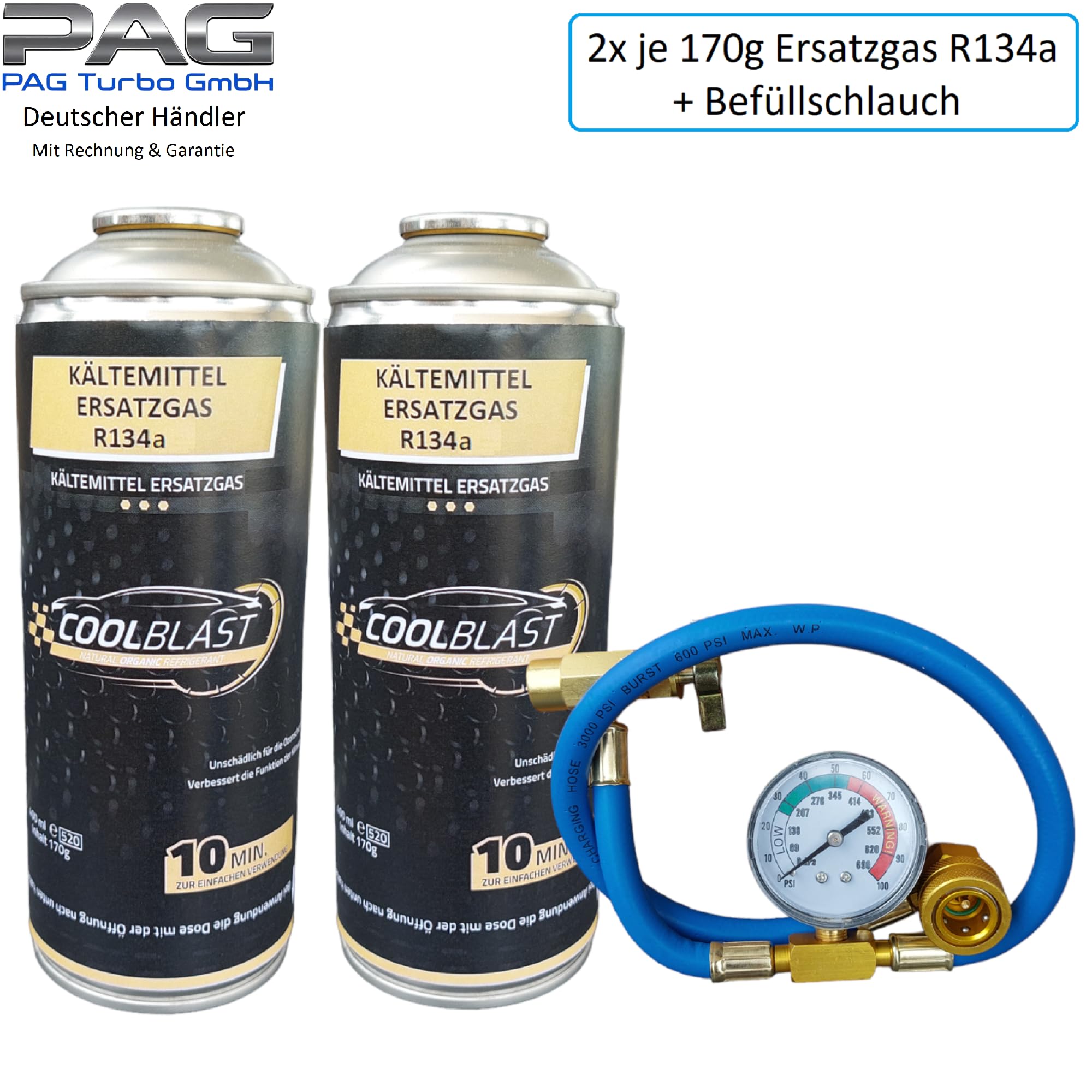 Original Coolblast Kältemittel Ersatzkältemittel R134a 170g/Dose Befüllschlauch für Autoklima Klimaanlage für Autos 1995-2016 (2X 170g Set)