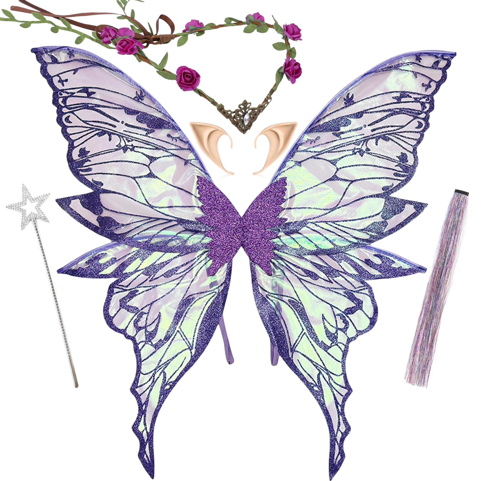 PartyforU Fairy Wings Adult for Women, 5 Pcs Purple Elf Costumes Butterfly Wings Elf Ears Flower Crown Fairy Wand Colorful Hair Piece, Halloween Renaissance Fancy Dress