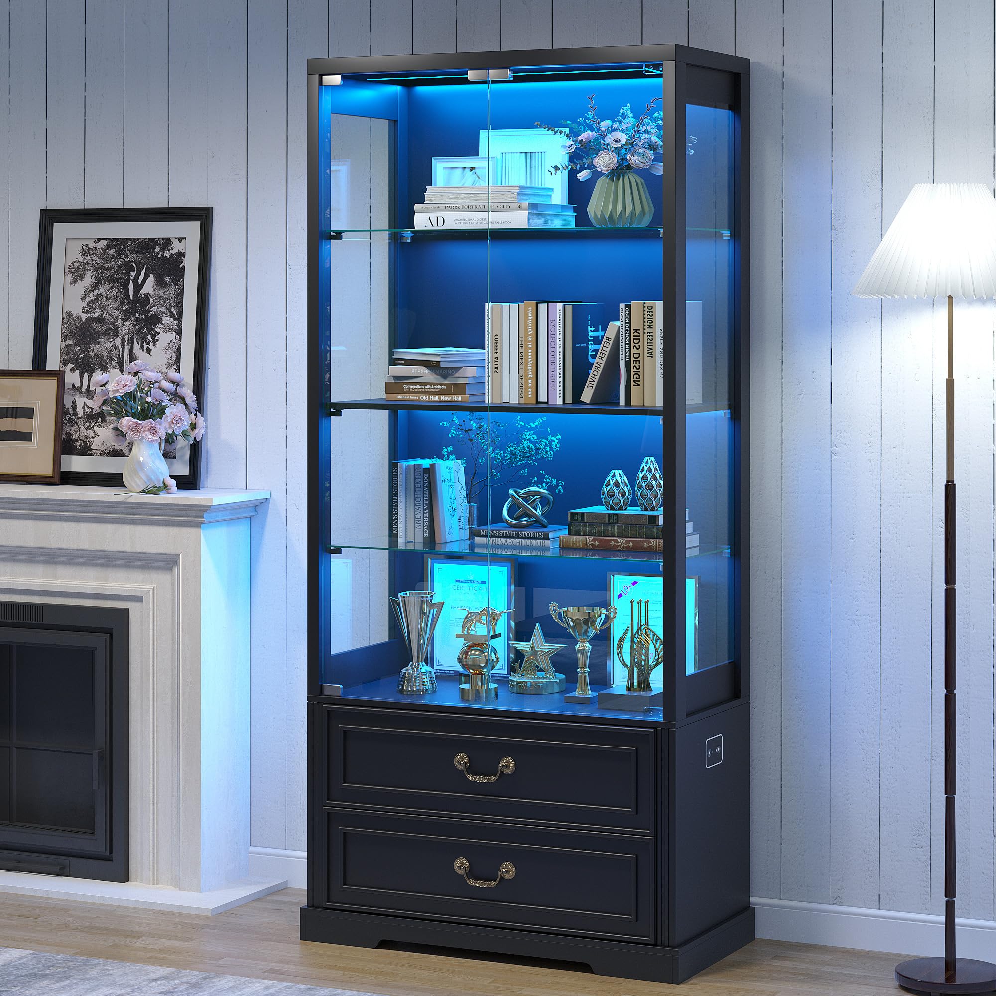 TAGELIER 67" Tall Display Cabinet with Glass Doors and 2 Drawers, Black