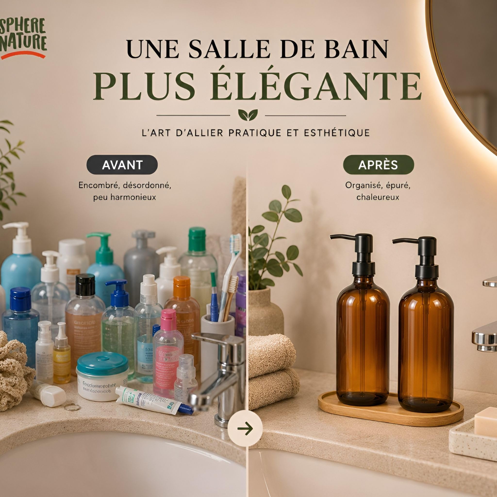 Flacon Pompe Vide Verre 500ml Ambre Vintage | Lot de 2 + Entonnoir + Plateau Bois + 4 etiquettes | INOX Brossé Noir | Distributeur Savon Gel Hydroalcoolique Liquide Vaisselle Shampoing | (Noir)