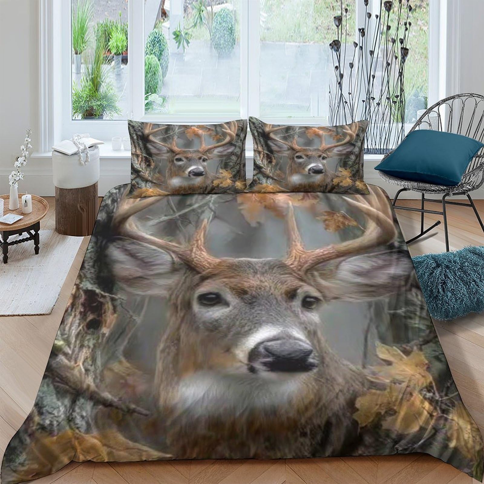 XFKLYNVCJ 3D Printed Deer in forest Duvet Cover Polyester Wildlife nature scene Bedding Cover No Iron Stain Resistant Family Home Bedroom Bedding Use Single（140x200cm）