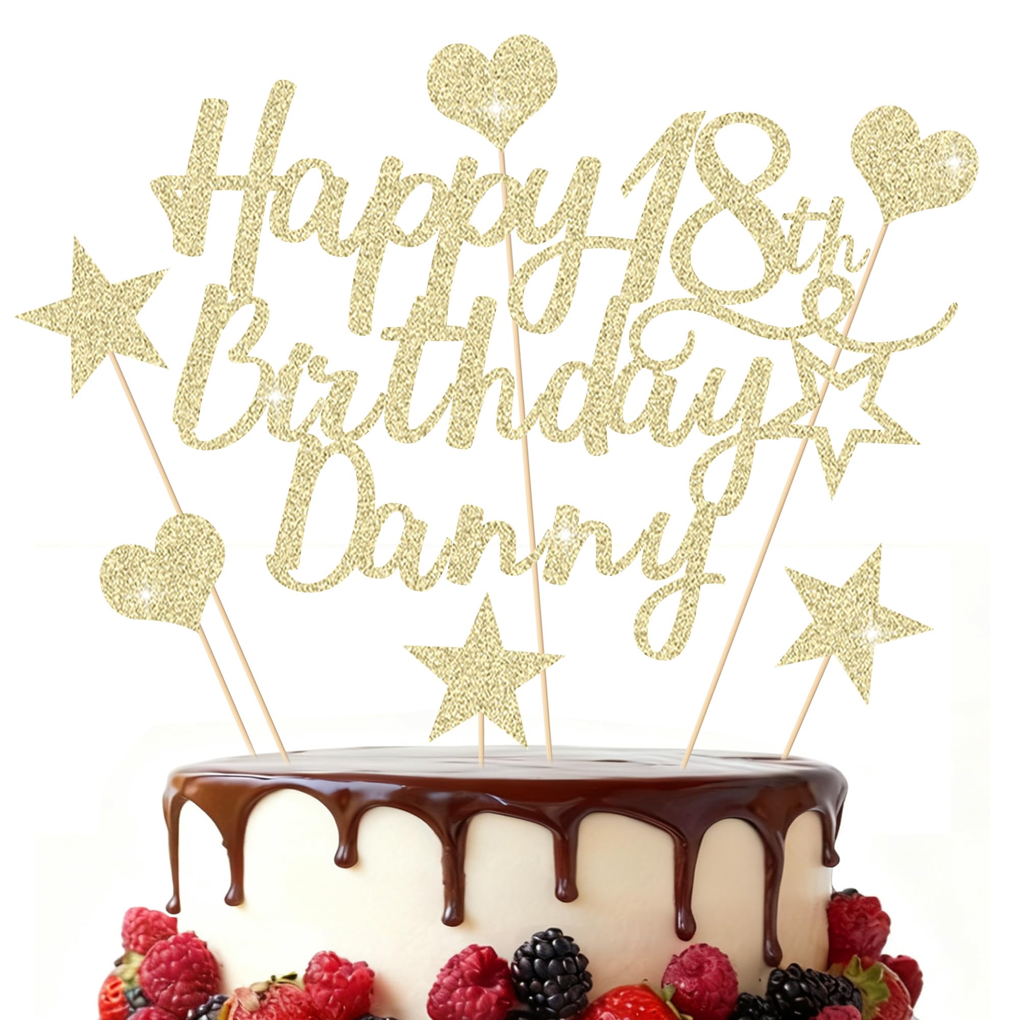 EDSG Personalized Happy Birthday Cake Toppers, Custom Cake Decorations, Double-Sided Glitter Birthday Cake Toppers with Any Name & Age 13th 16th 18th 21st 30th 40th 50th 60th 80th (Champagne Gold)