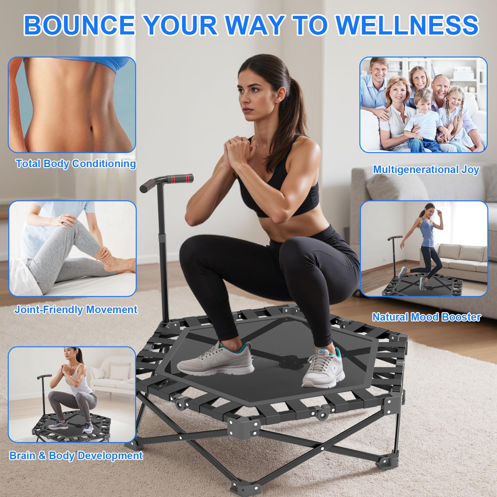 Mini Trampolino Fitness Pieghevole per Adulti, Trampolino per Interni con Maniglia Regolabile, 106 cm, Portata 275 kg, Trampolin per Casa