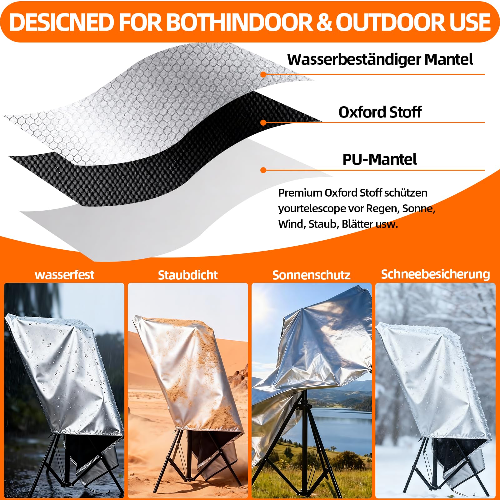 Cubierta telescópica de 120 x 160 cm – Protección contra el polvo/hojas/abono, protección solar, alta calidad, estable, para telescopios/prismáticos, almacenamiento interior y exterior