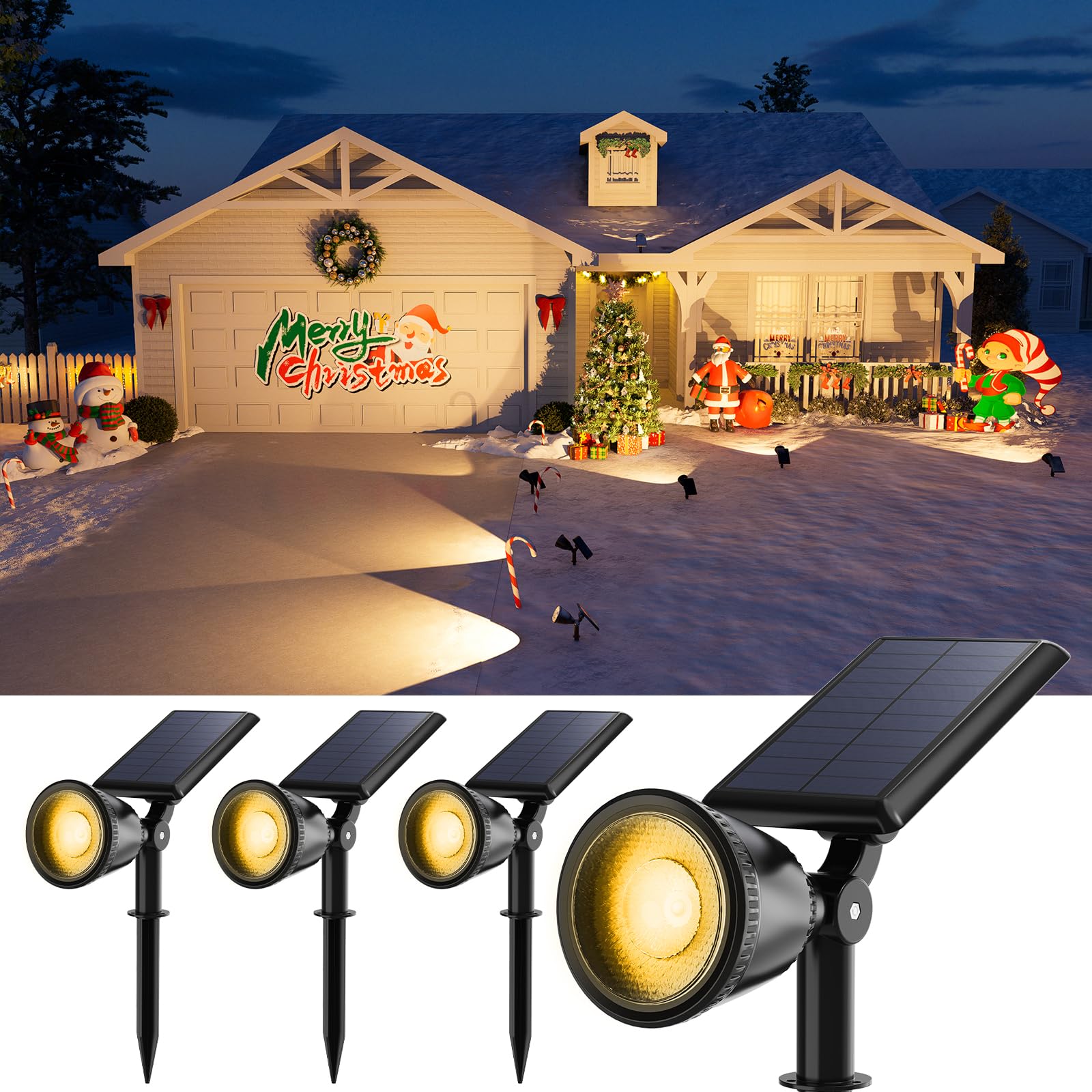 4 Pack Solar Powered LED Spotlights Outdoor Waterproof Ultra Bright Sunset Spot Lights for Christmas Tree, Santa Claus, Reindeer Outside Landscape