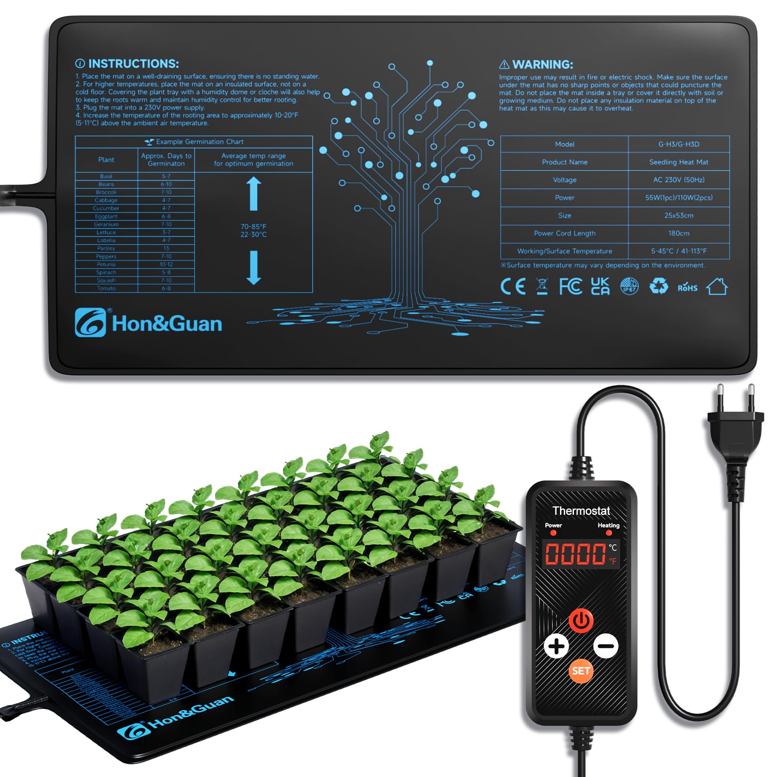 Hon&Guan 55W Effiziente Warmhalten Heizmatte Pflanzen mit Thermostat, Wärmematte Set für Sämling Germination Haustiere Reptilien Wärmer Bett Matte 25x53CM, IP67, 1 Mat mit 1 Controller, G-H3