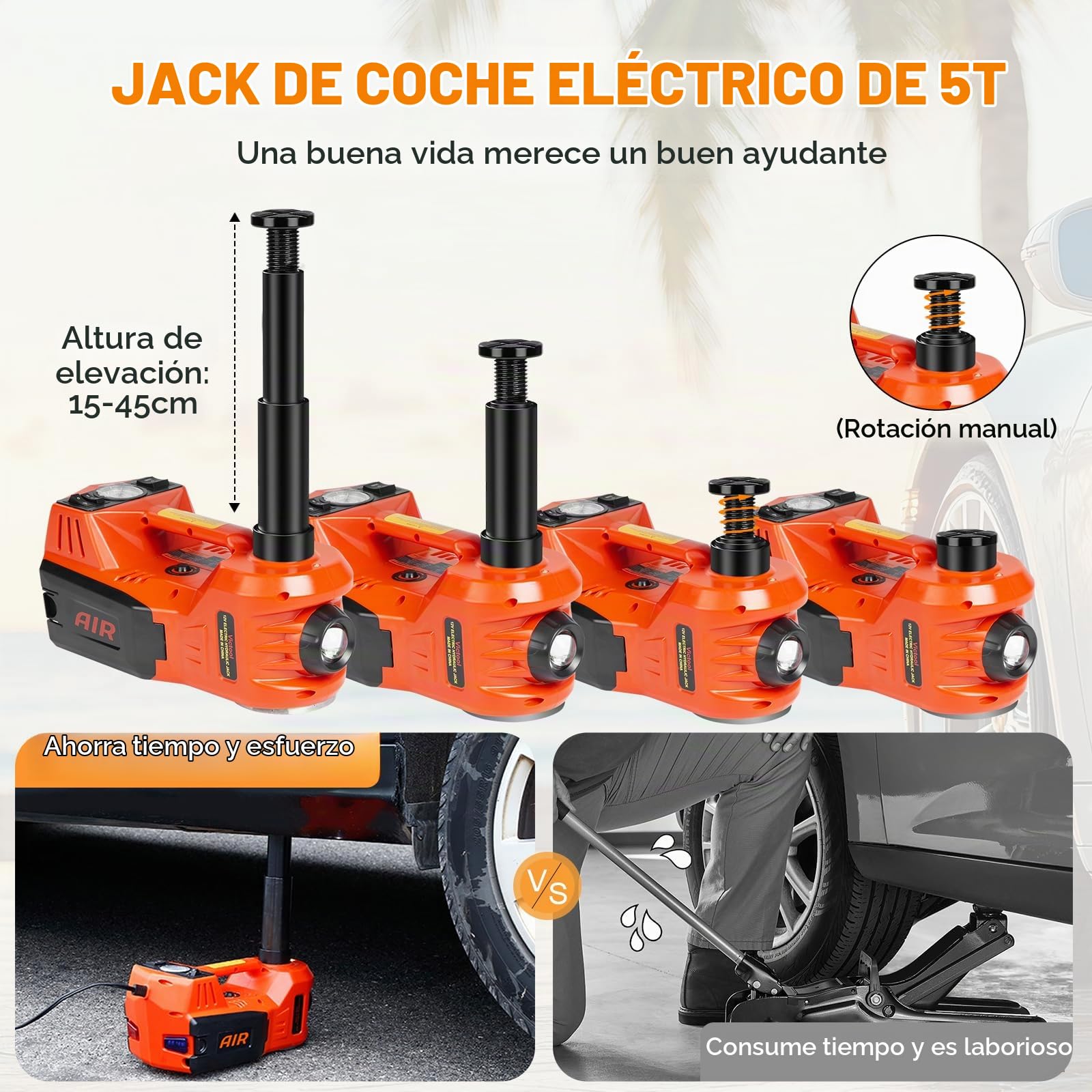 Gato hidráulico para Coche 5T, 4 en 1 Gato Eléctrico de 12 V, con Bomba Inflable y luz LED, 15-45 cm de Alcance de Elevación, para Auto SUV, Reparaciones de Emergencia y Cambio de Neumáticos