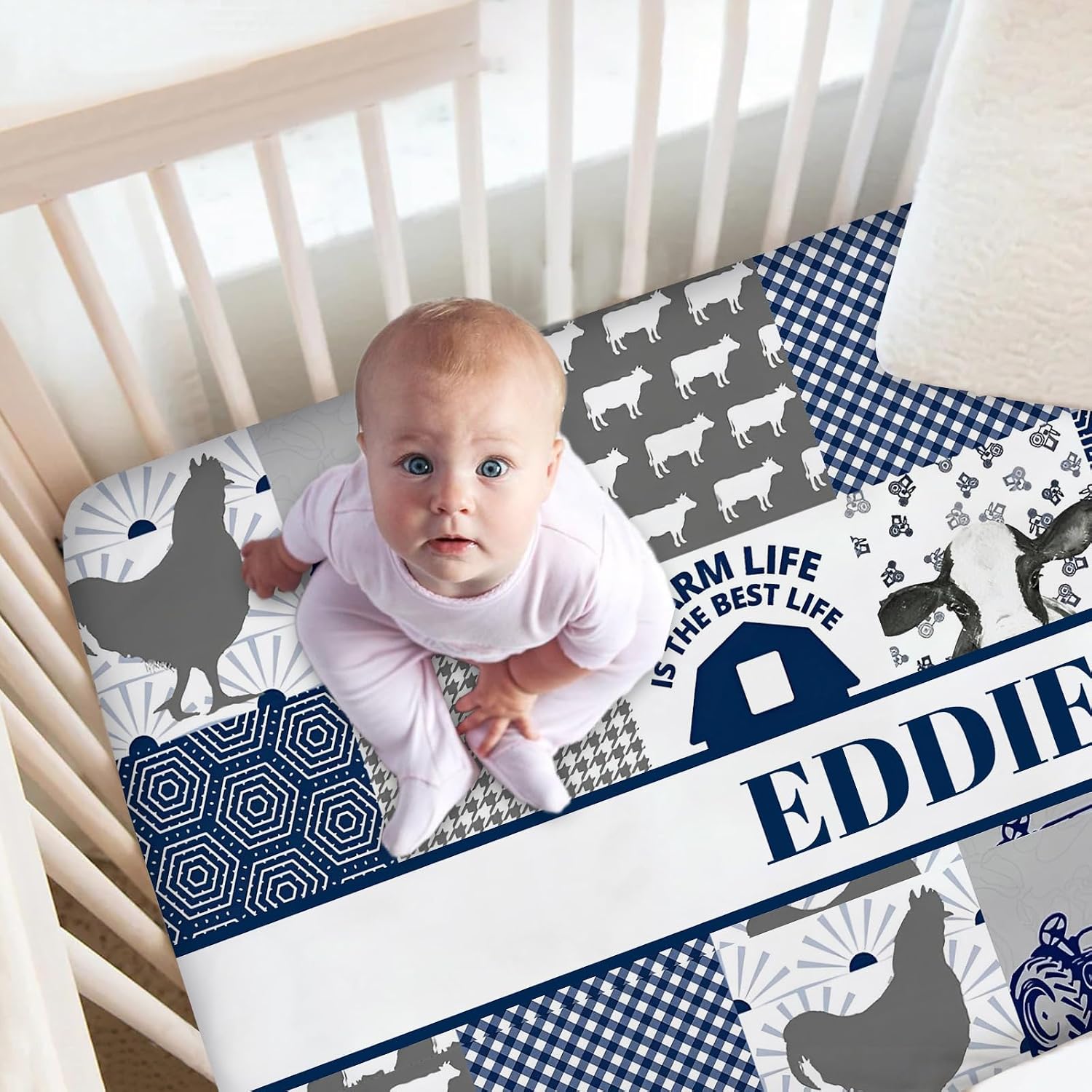 Personalized Baby Crib Bedding Sets for Boys Girls, Custom Crib Bedding Set with Name, 2 Piece Farm Cow Nursery Bedding, Name Crib Comforter, Crib Fitted Sheets for Newborn Babies