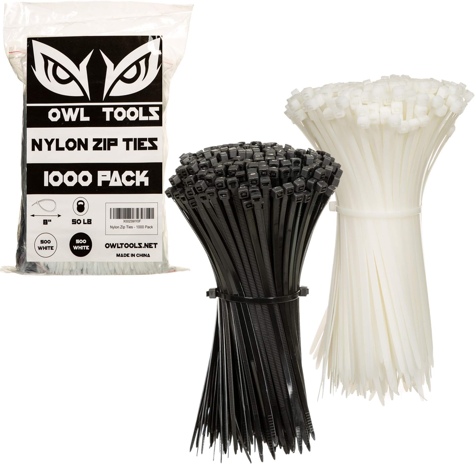 Owl Tools8 inch Zip Ties Bulk Pack of 1000-50lb Strength - 8inches Cable Ties in Black and White