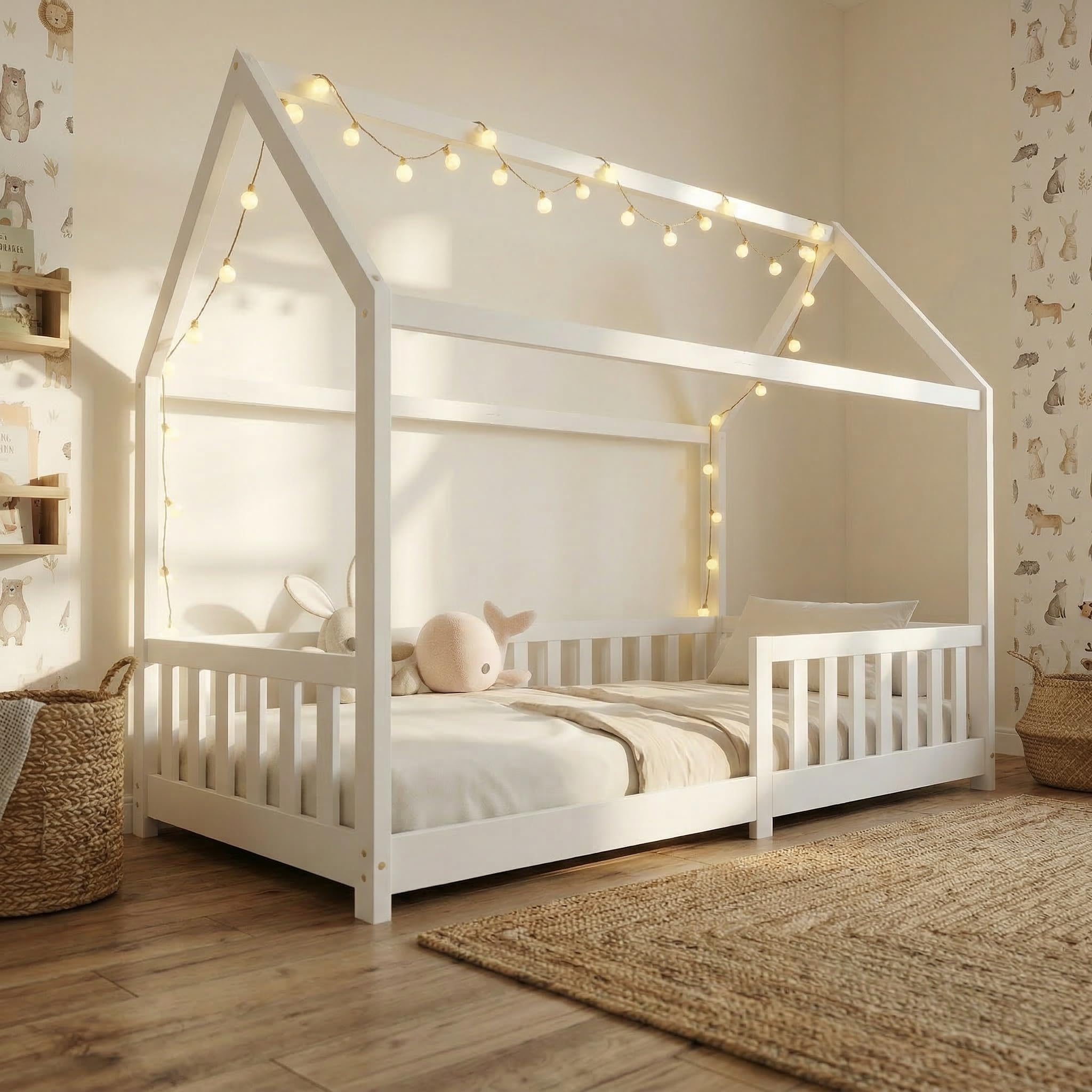 ecomi® Lettino per bambini 90x200 80x160 cm con protezione cadute e rete a doghe Bianco