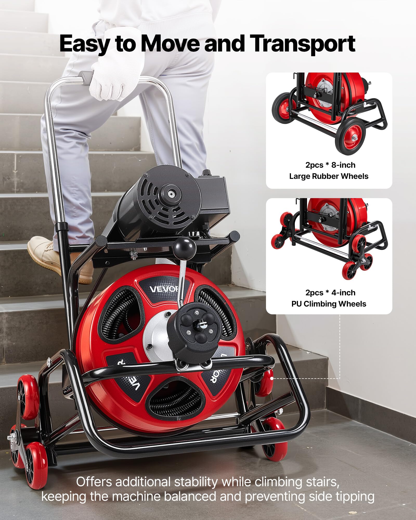 VEVOR Máquina de Limpieza de Desagües 30 m x 12,7 mm, Máquina de Limpieza de Tuberías con Alimentación Automática y Ruedas, Tambor Ajustable, 8 Cortadores y Pedal Neumático, para Tubos de 50-150 mm