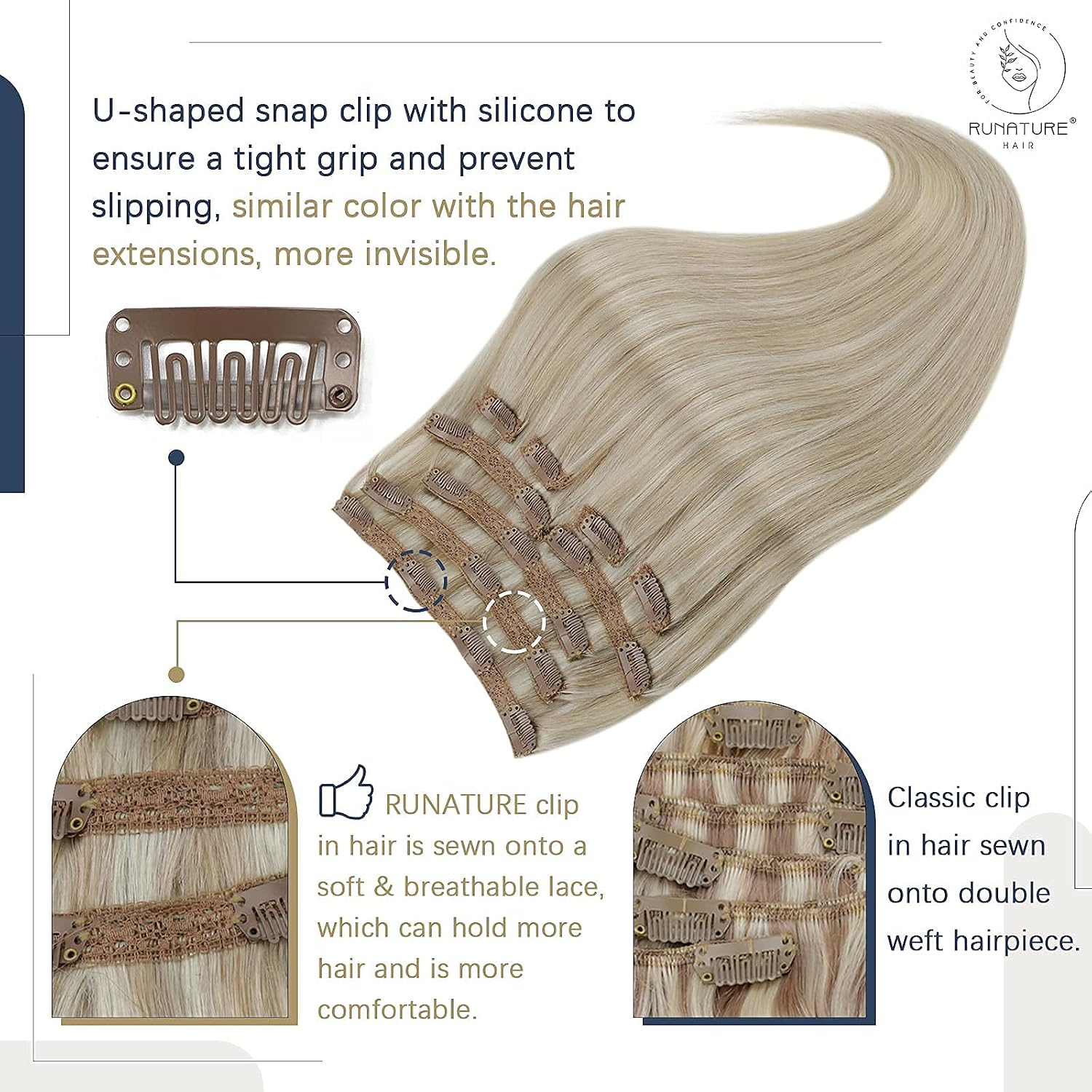RUNATURE Hair Extensions Clip in Real Hair Extensions Clip in Human Hair 16inch Clip in Hair Extensions Real Human Hair Ash Blonde Highlights Platinum Blonde 100g 7pcs #18P60 - Image 4