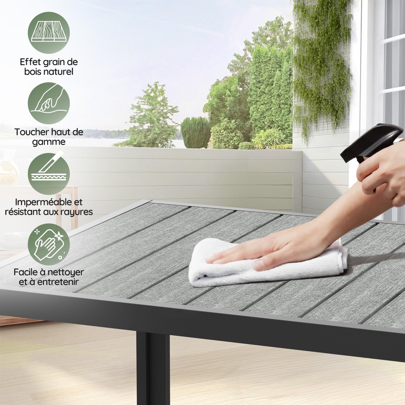 Devoko Salon de Jardin Exterieur 8 Personnes, HDPS Table de 189 cm et 8 Chaises Empilable d'Extérieur en Aluminium Durable, Design à Veine de Bois, Idéal pour Cour, Terrasse ou Bord de Piscine, Gris