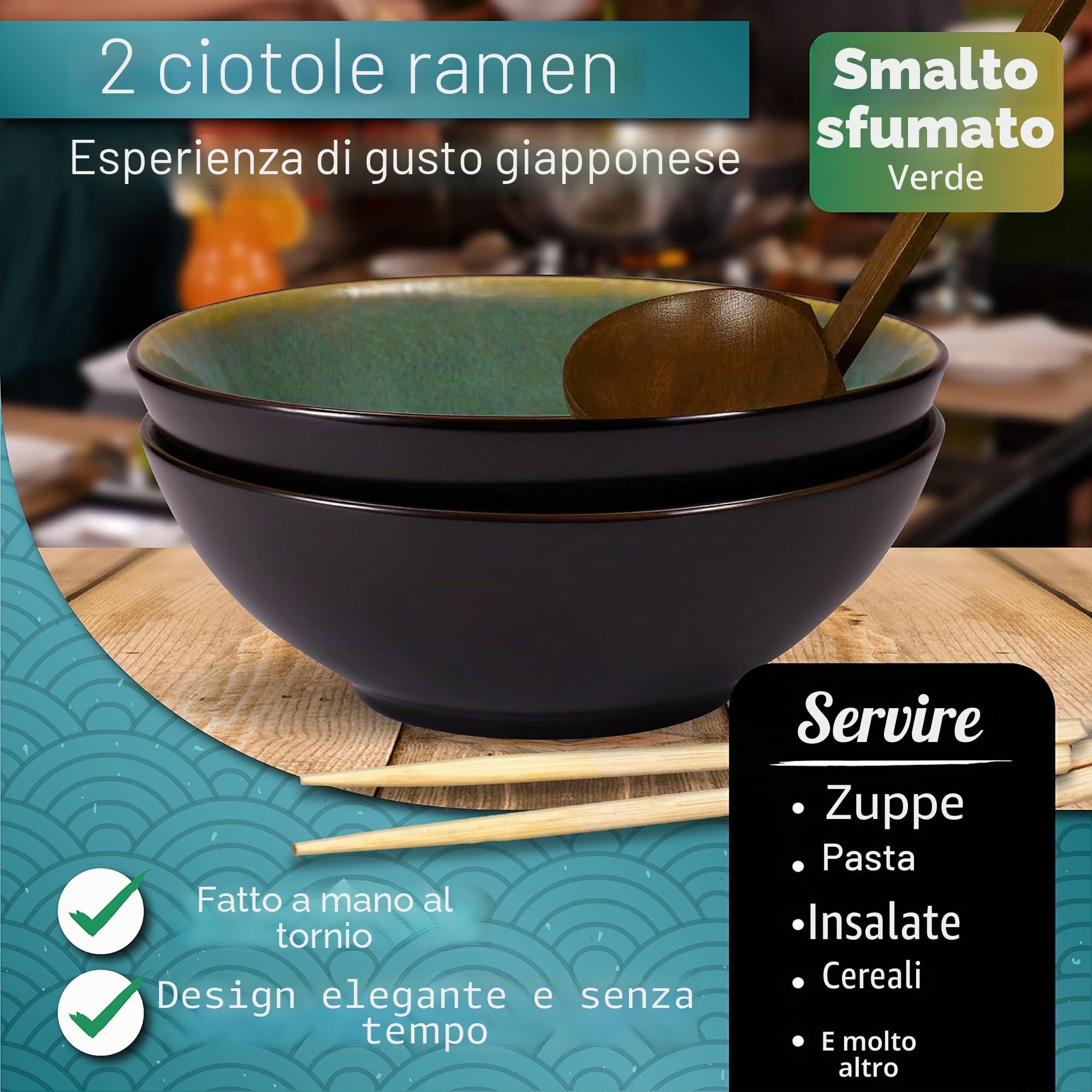 Urban Lifestyle Set di ciotole per ramen in ceramica, 2 pezzi, 20 cm, 900-1000 ml, ciotola per zuppa, insalatiera, ciotola per pho, ciotola per ramen, ciotola per cereali (Verde)