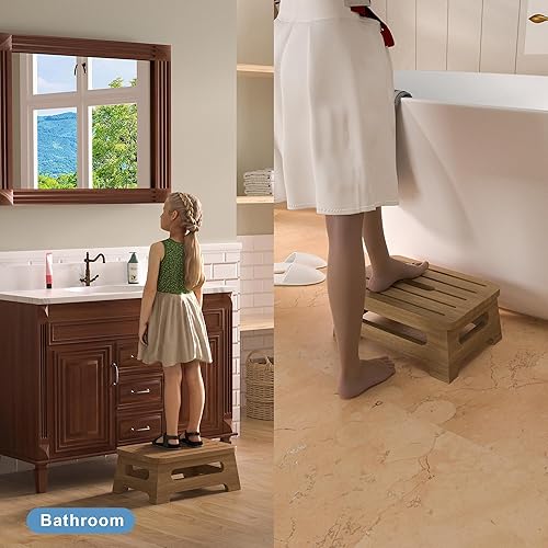 Miniatura 6 de Taburete de madera con carga máxima de 350 libras, taburete de un solo paso para adultos con tapete antideslizante, taburetes multiusos para