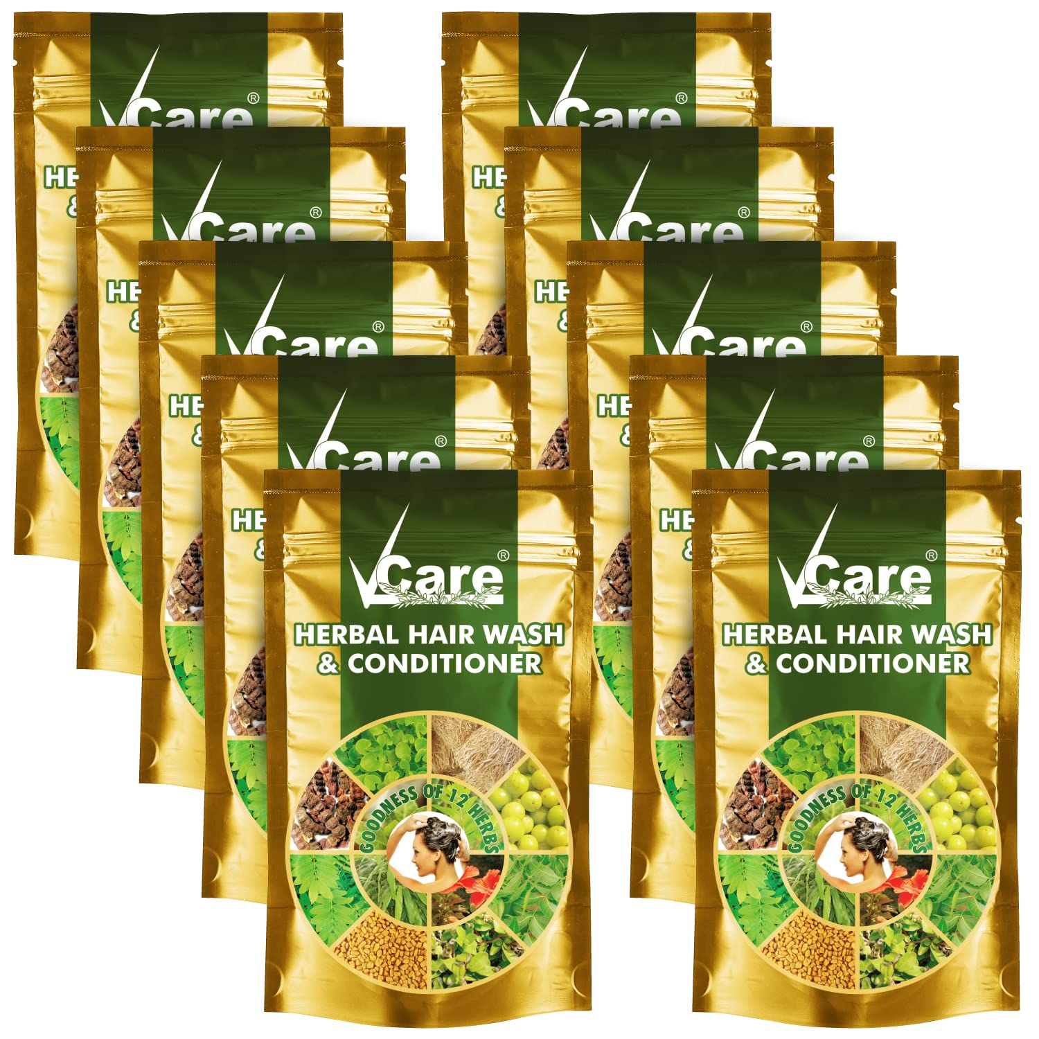 VCare Herbal Hair Wash And Conditioner For Men And Women| 100% Natural With 12+ Herbs Amla, Shikakai, Bhringraj, Hibiscus Powder For All Hair Type,-100gm (Pack Of 10)