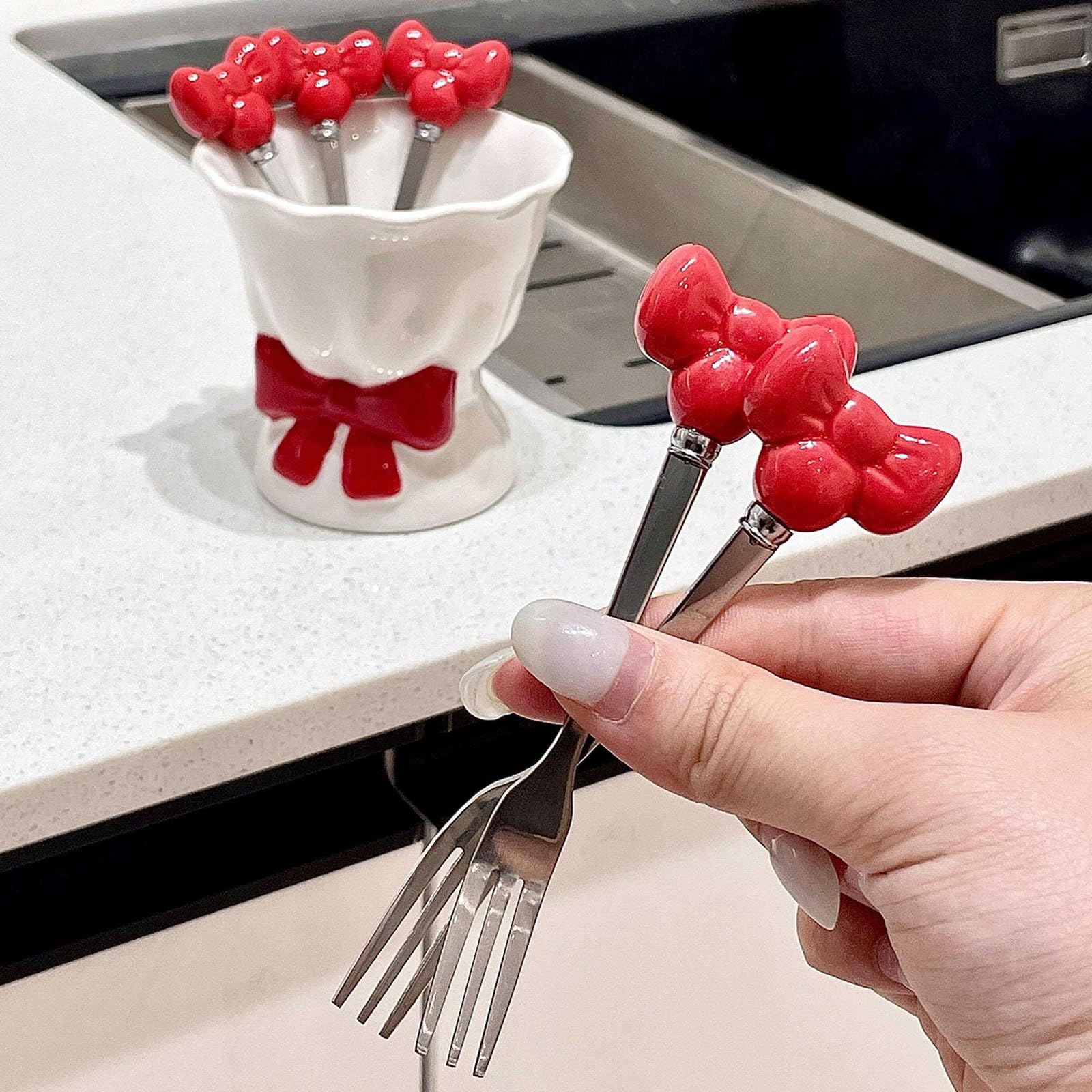 Fourchettes À Fruits Petites Fourchettes À Dessert en Acier Inoxydable avec Noeud Décoratif & Couverts Base Holder pour Maison Cadeau Apéritif Cocktail Fromage