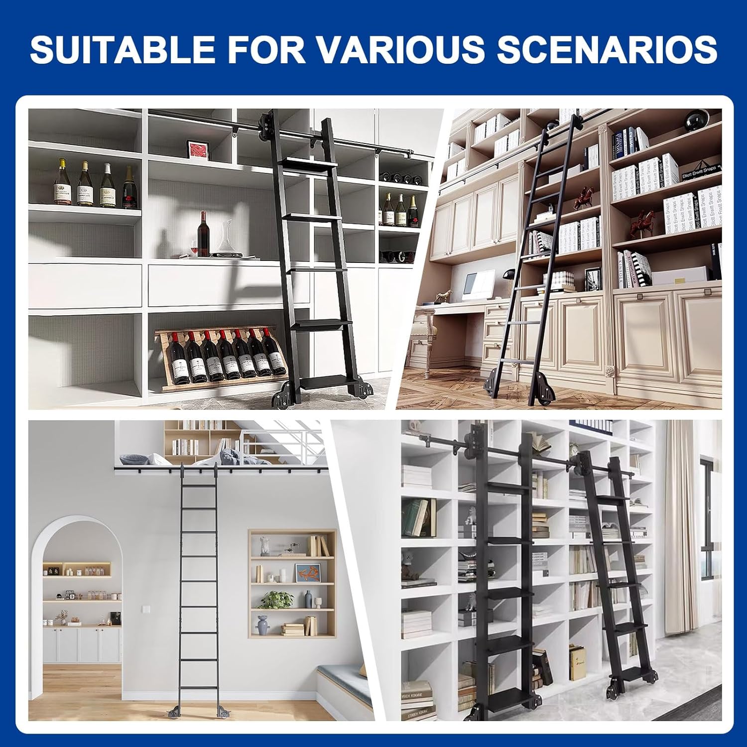 100cm-720cm Telescopic Sliding Ladder Hardware 3.3ft 4ft 6.6ft 8ft 10ft 13ft 20ft Black Metal Track/Rail - Stand Up Tensible Rolling Library Ladder Hardware Kit(13ft/400cm Track ki